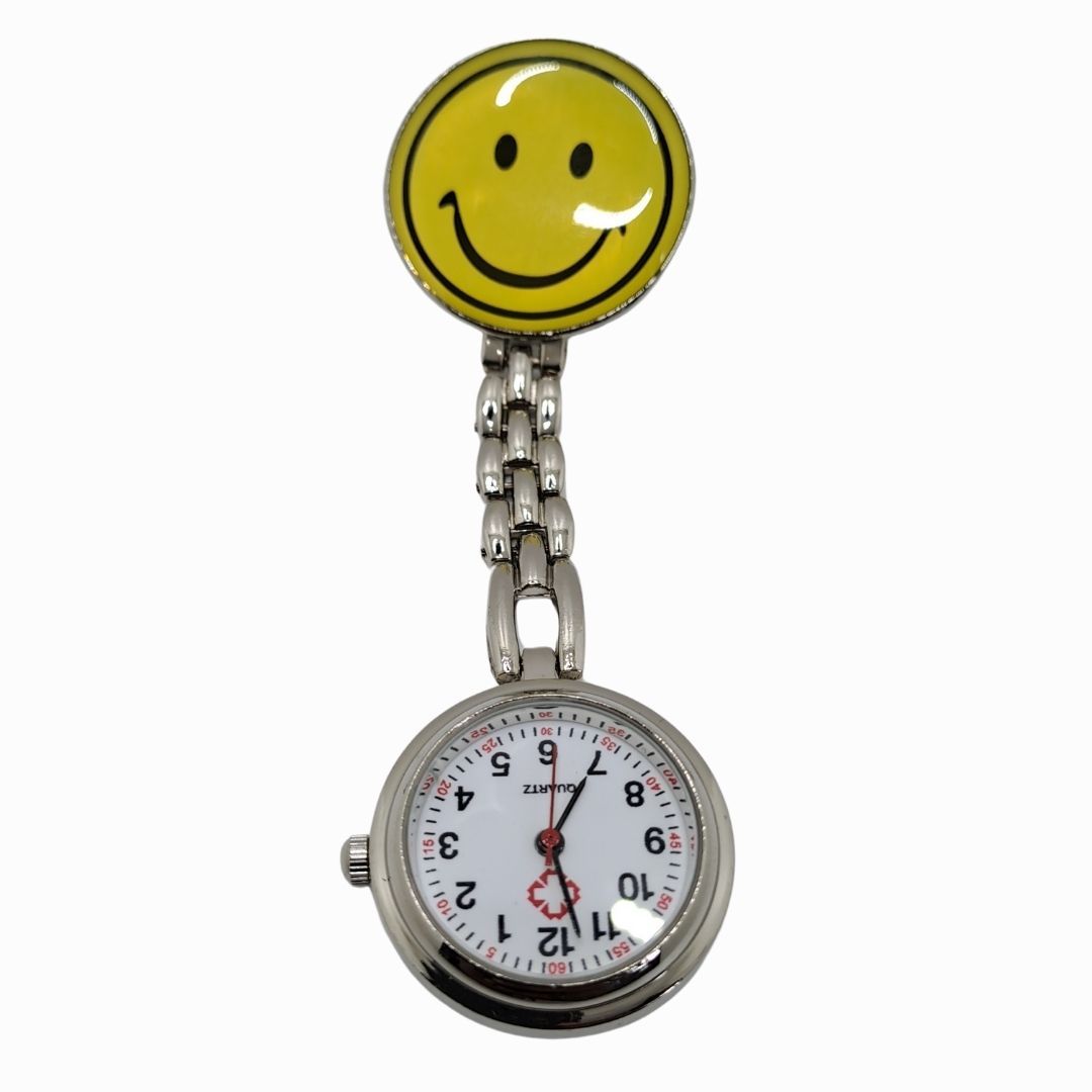 SMILEY EMOJI FACE YELLOW Nurse Fob Watch with Clip – Quartz Pocket Watch for Doctors, Paramedics, Lab Coats & Uniforms Stainless Steel Band