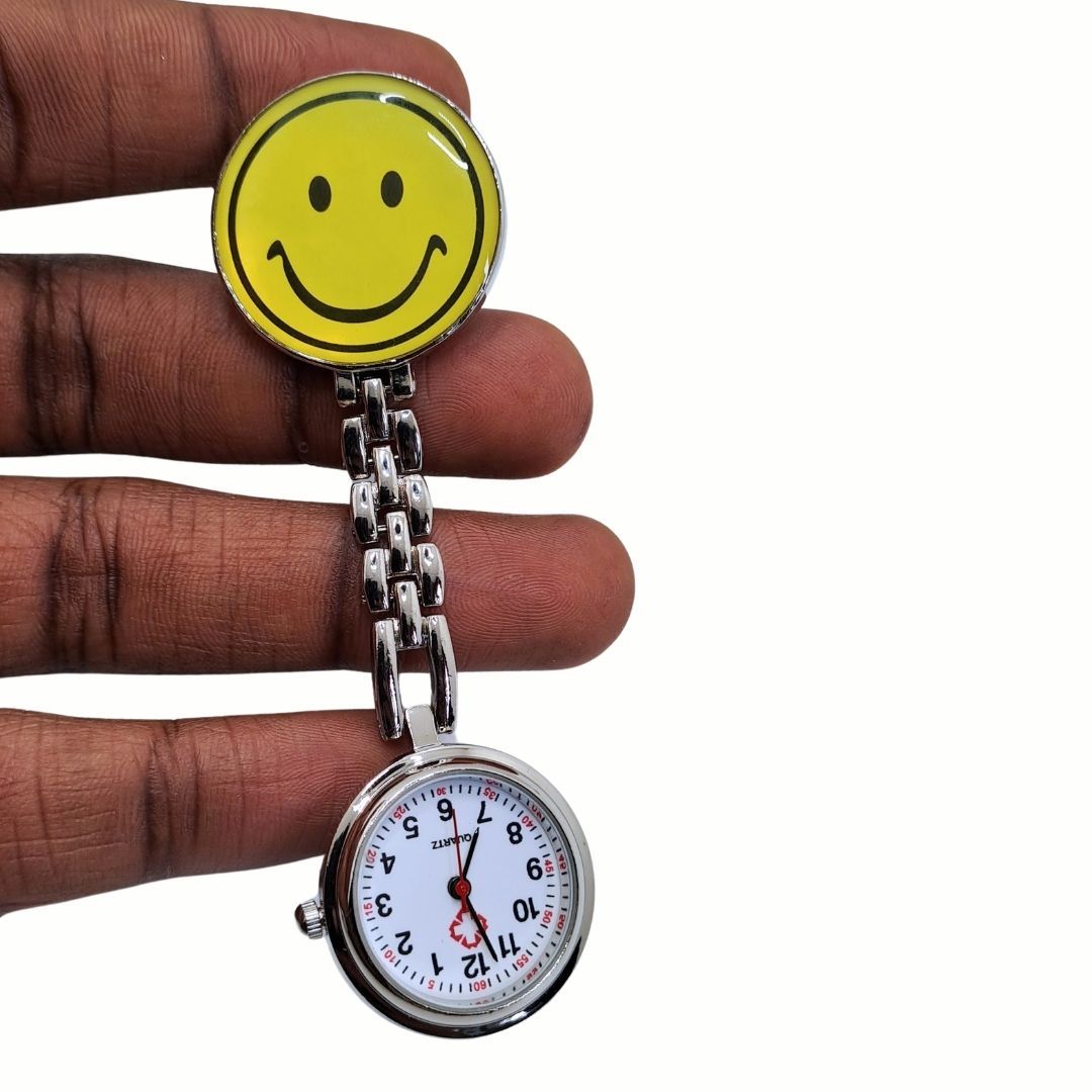SMILEY EMOJI FACE YELLOW Nurse Fob Watch with Clip – Quartz Pocket Watch for Doctors, Paramedics, Lab Coats & Uniforms Stainless Steel Band