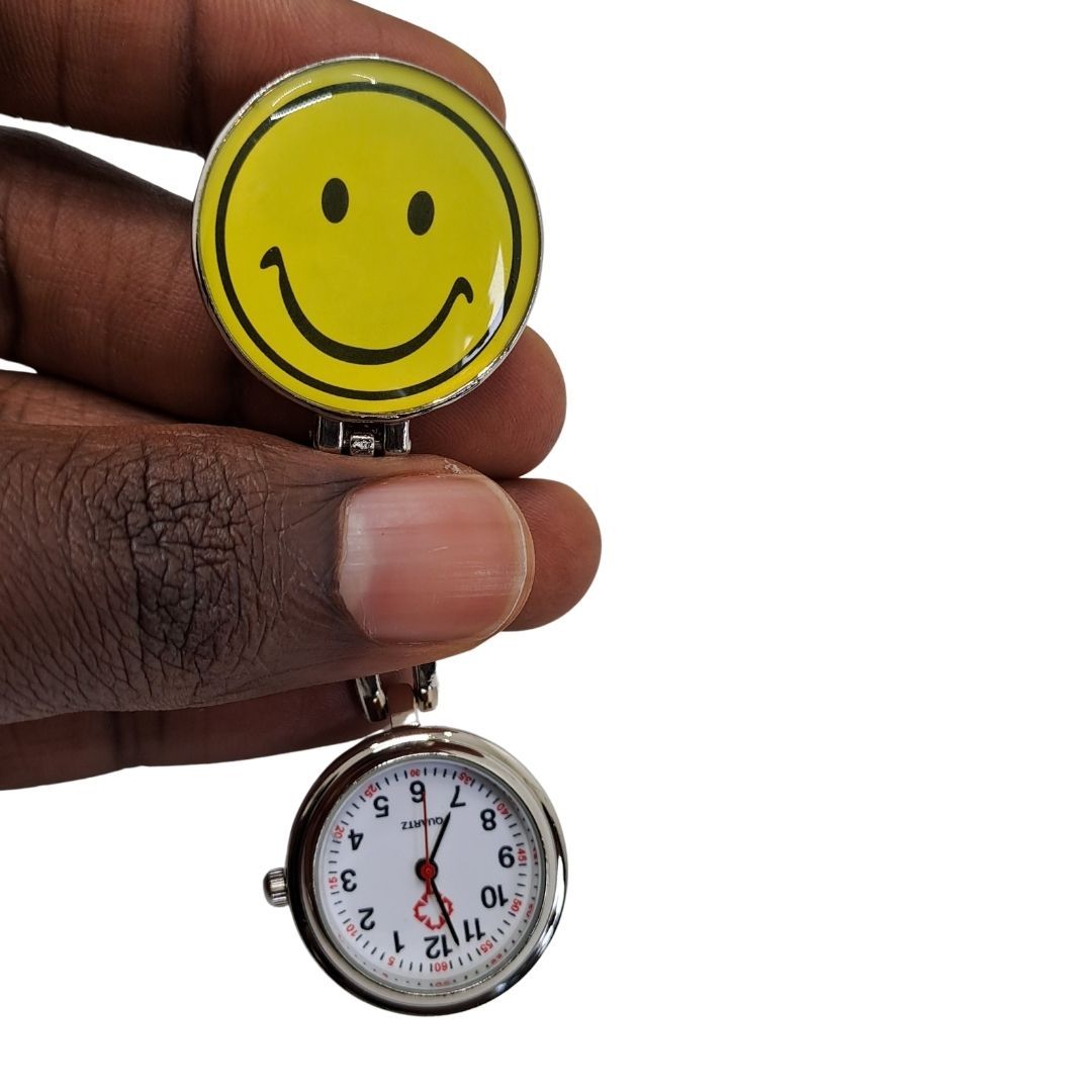 SMILEY EMOJI FACE YELLOW Nurse Fob Watch with Clip – Quartz Pocket Watch for Doctors, Paramedics, Lab Coats & Uniforms Stainless Steel Band