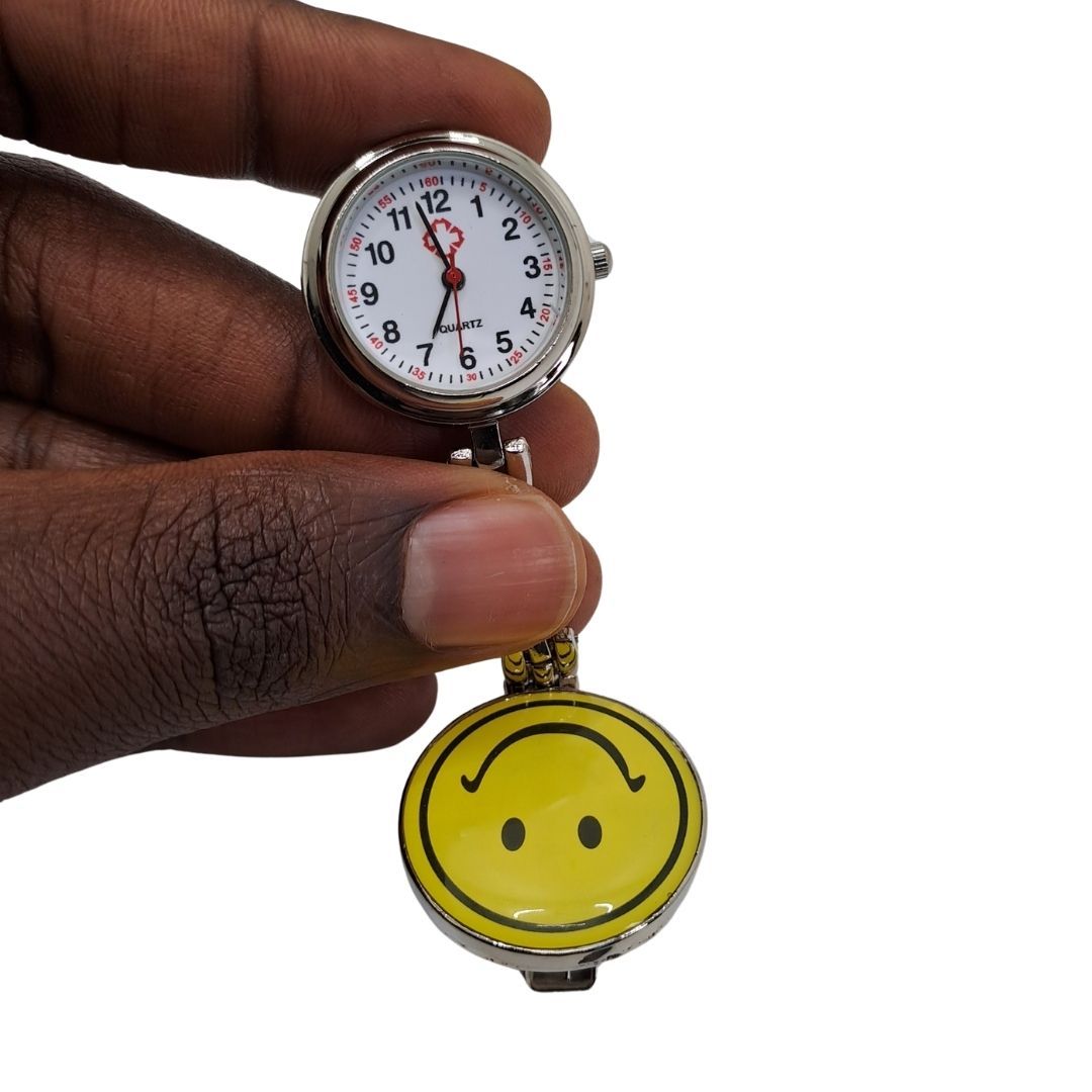 SMILEY EMOJI FACE YELLOW Nurse Fob Watch with Clip – Quartz Pocket Watch for Doctors, Paramedics, Lab Coats & Uniforms Stainless Steel Band