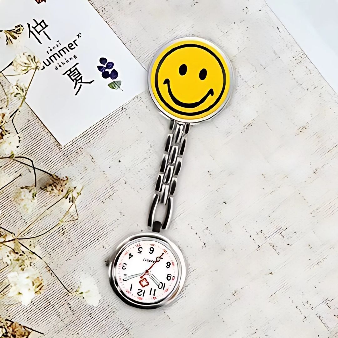 SMILEY EMOJI FACE YELLOW Nurse Fob Watch with Clip – Quartz Pocket Watch for Doctors, Paramedics, Lab Coats & Uniforms Stainless Steel Band