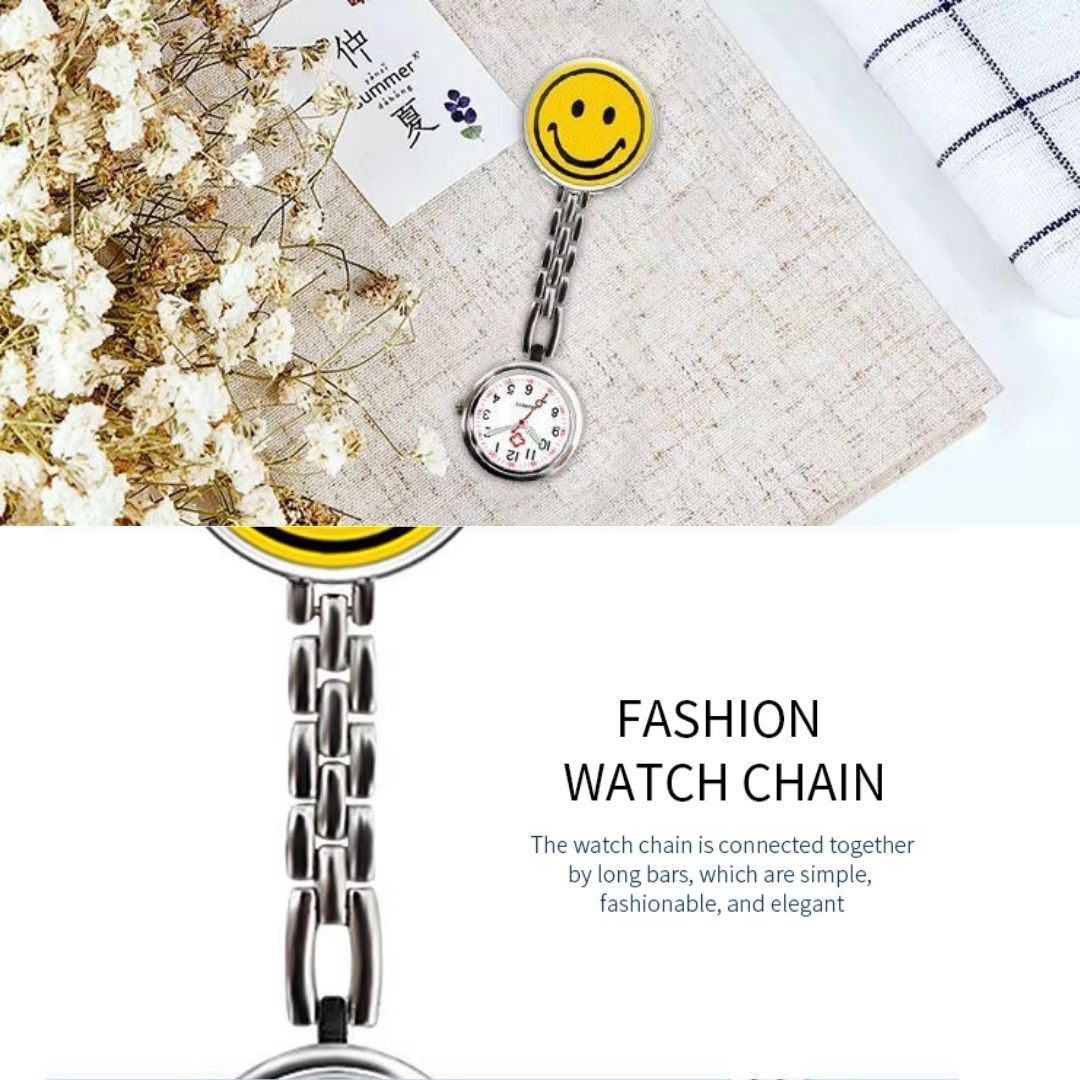 SMILEY EMOJI FACE YELLOW Nurse Fob Watch with Clip – Quartz Pocket Watch for Doctors, Paramedics, Lab Coats & Uniforms Stainless Steel Band