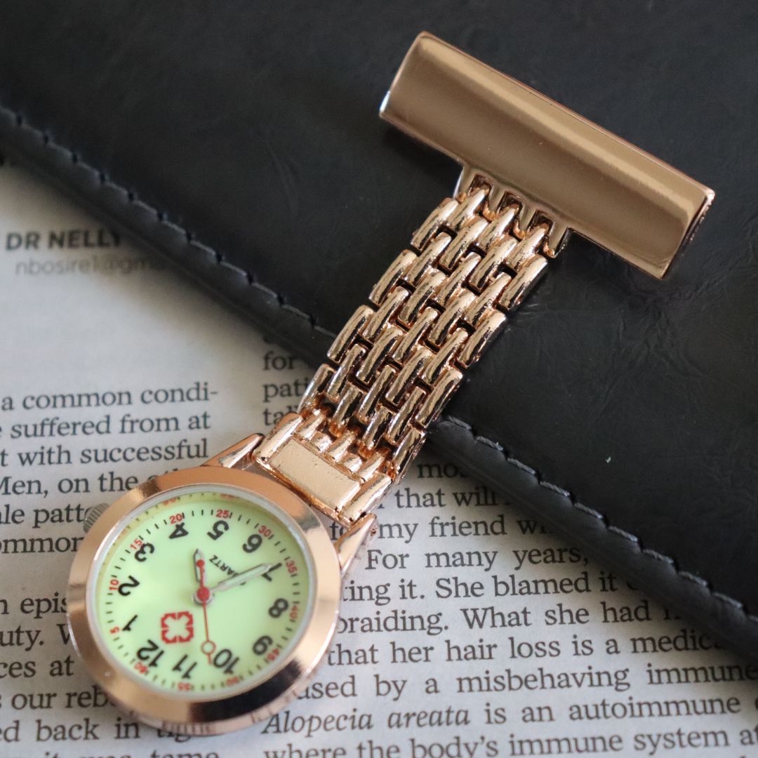 ROSE GOLD Professional Nurse Fob Watch - Stainless Steel Clip-On Pocket Watch for Doctors, Paramedics & Medical Staff (Quartz Movement, Pin Brooch Attachment) STRAIGHT Metallic Medic Intern