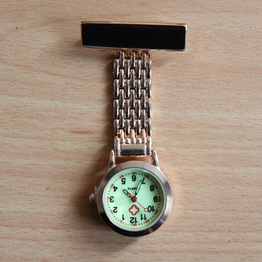 ROSE GOLD Professional Nurse Fob Watch - Stainless Steel Clip-On Pocket Watch for Doctors, Paramedics & Medical Staff (Quartz Movement, Pin Brooch Attachment) STRAIGHT Metallic Medic Intern