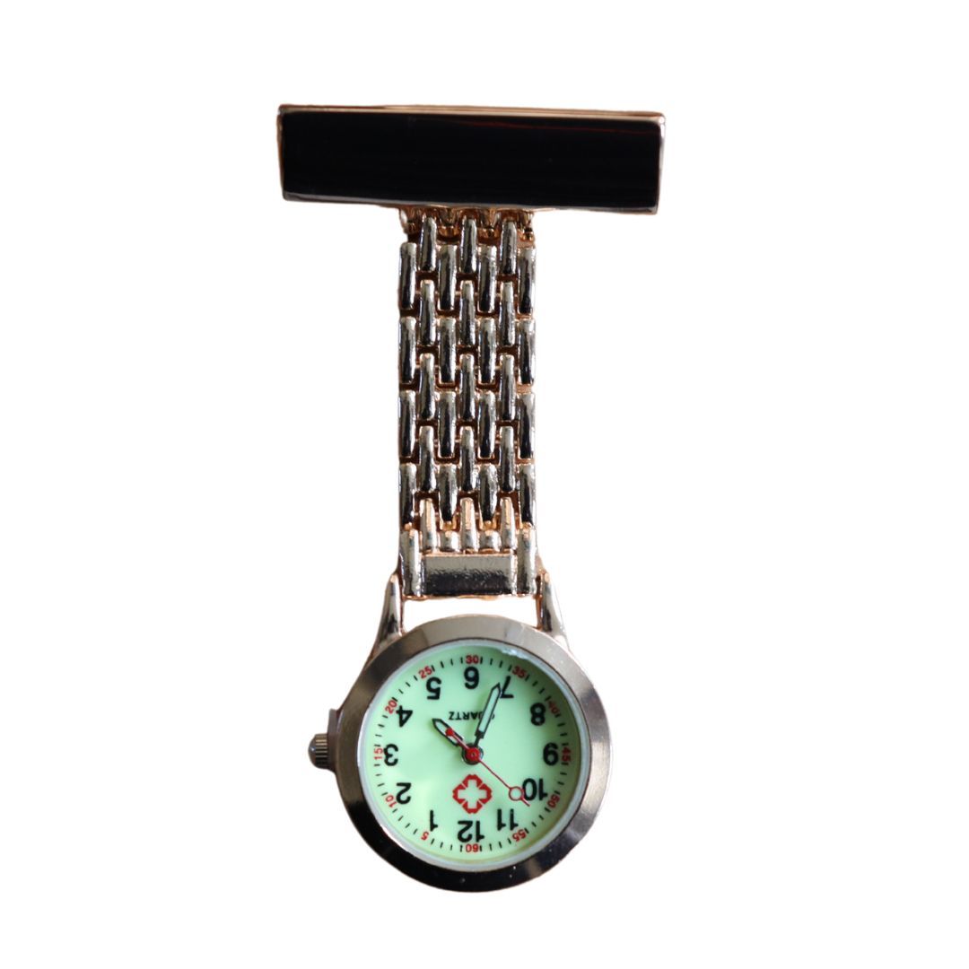 ROSE GOLD Professional Nurse Fob Watch - Stainless Steel Clip-On Pocket Watch for Doctors, Paramedics & Medical Staff (Quartz Movement, Pin Brooch Attachment) STRAIGHT Metallic Medic Intern