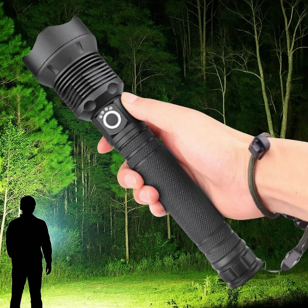 P70 Ultra Bright LED Tactical Flashlight – 2000 Lumens Rechargeable Torch with Zoom, Type-C Charging, Waterproof & Long Range Beam Telescopic Super Very Powerful USB 26650 batteries Metallic Aluminum