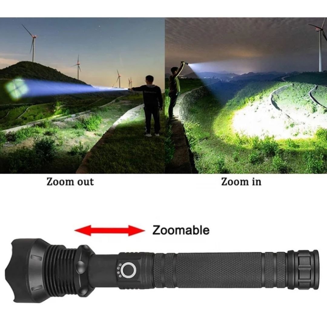 P70 Ultra Bright LED Tactical Flashlight – 2000 Lumens Rechargeable Torch with Zoom, Type-C Charging, Waterproof & Long Range Beam Telescopic Super Very Powerful USB 26650 batteries Metallic Aluminum