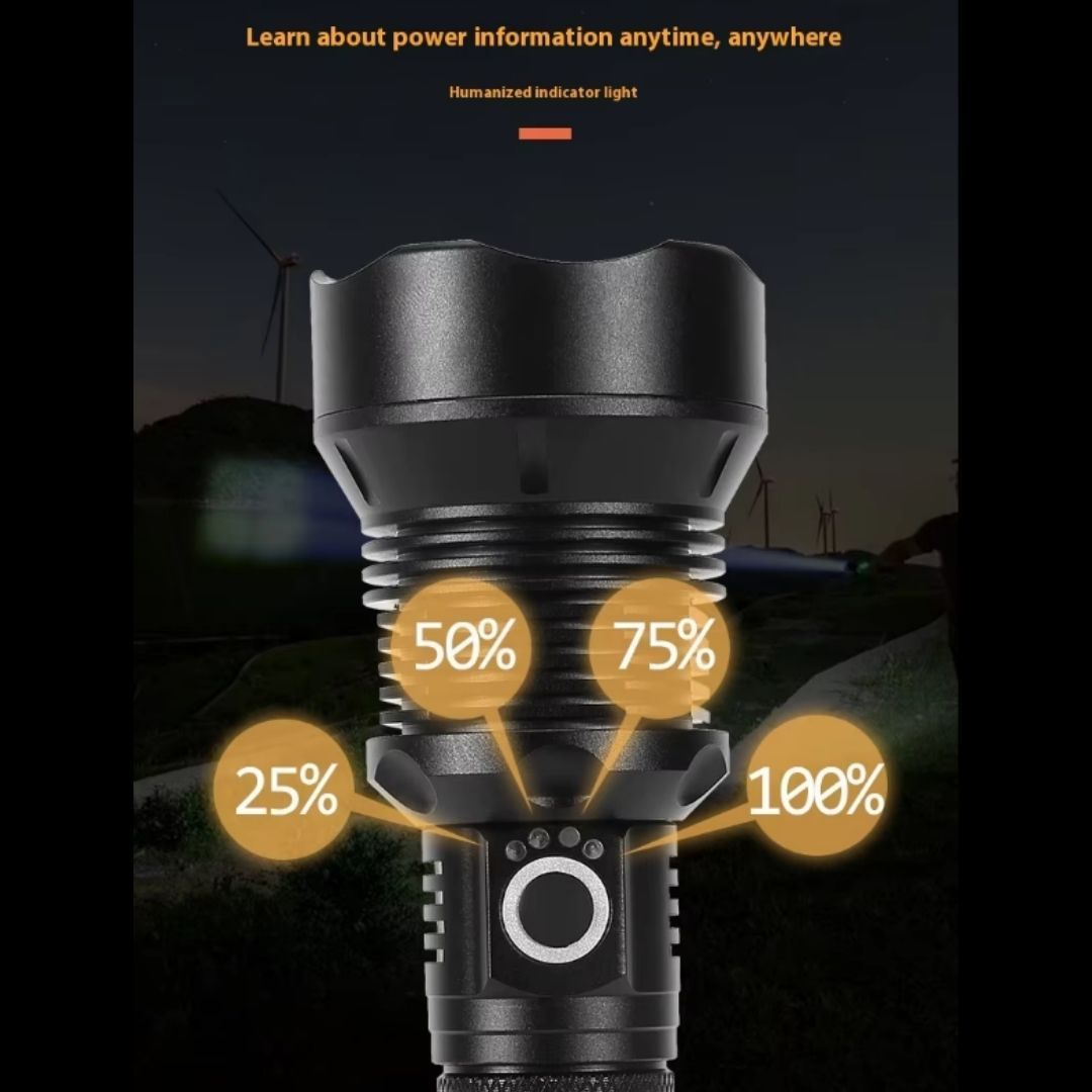 P70 Ultra Bright LED Tactical Flashlight – 2000 Lumens Rechargeable Torch with Zoom, Type-C Charging, Waterproof & Long Range Beam Telescopic Super Very Powerful USB 26650 batteries Metallic Aluminum