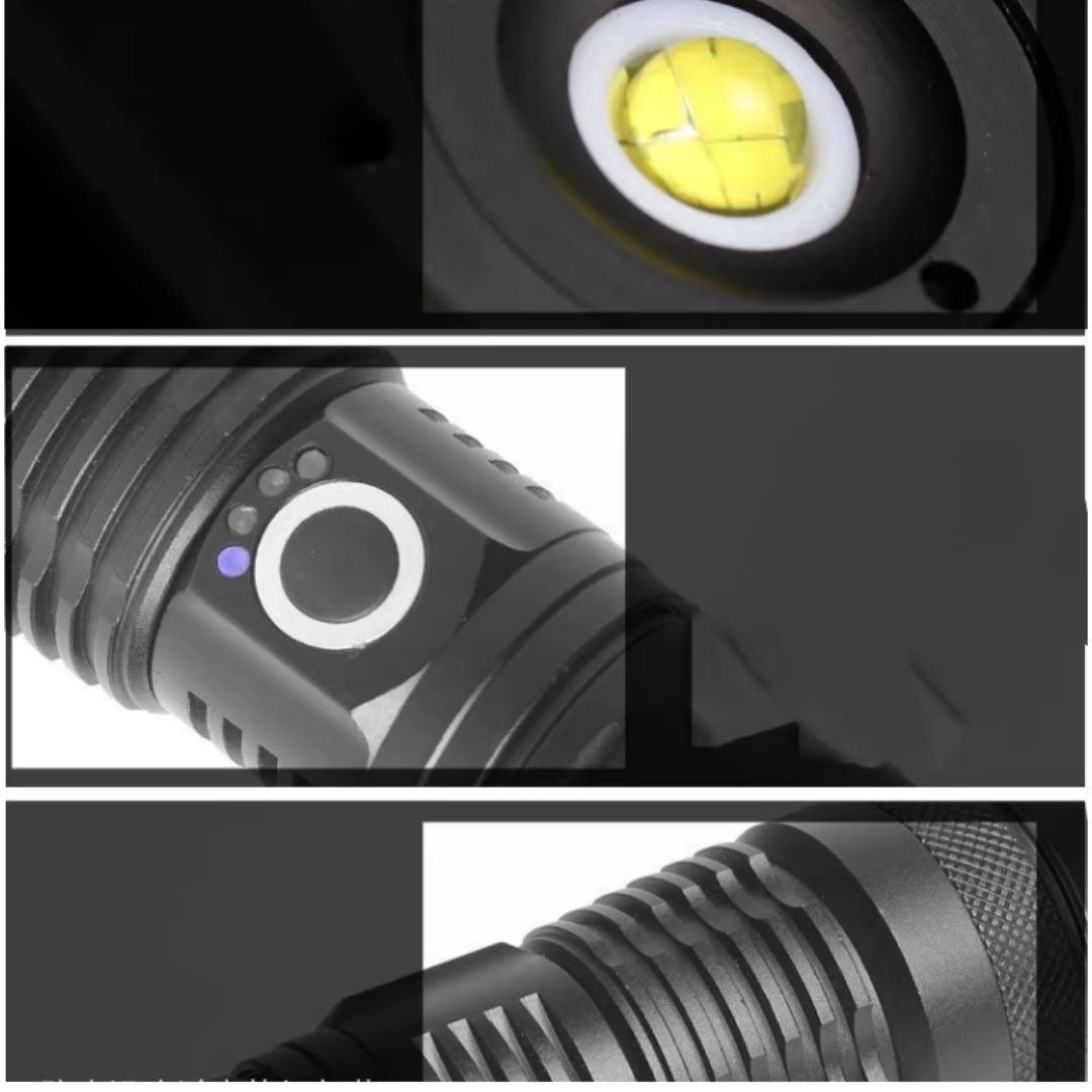 P70 Ultra Bright LED Tactical Flashlight – 2000 Lumens Rechargeable Torch with Zoom, Type-C Charging, Waterproof & Long Range Beam Telescopic Super Very Powerful USB 26650 batteries Metallic Aluminum