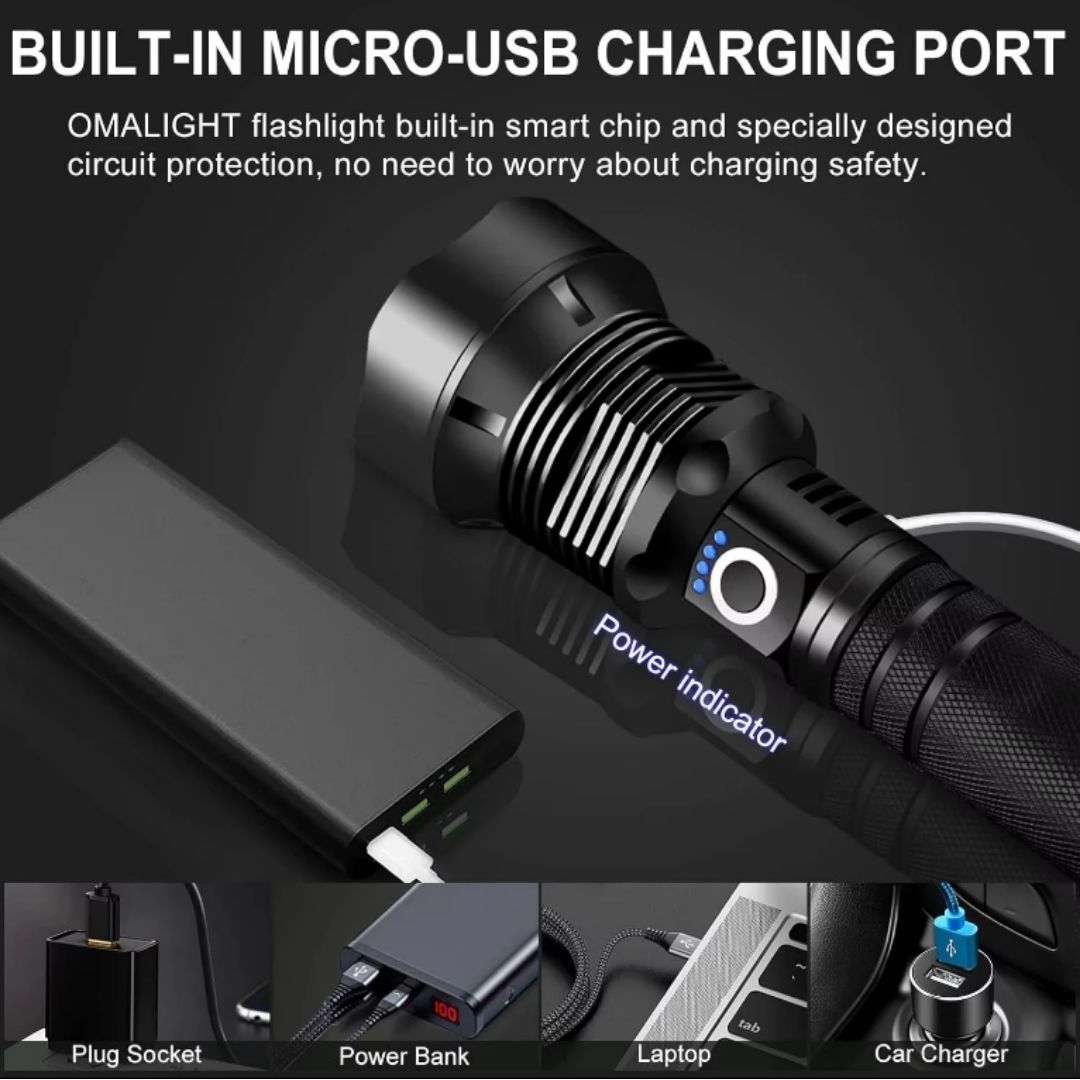 P70 Ultra Bright LED Tactical Flashlight – 2000 Lumens Rechargeable Torch with Zoom, Type-C Charging, Waterproof & Long Range Beam Telescopic Super Very Powerful USB 26650 batteries Metallic Aluminum