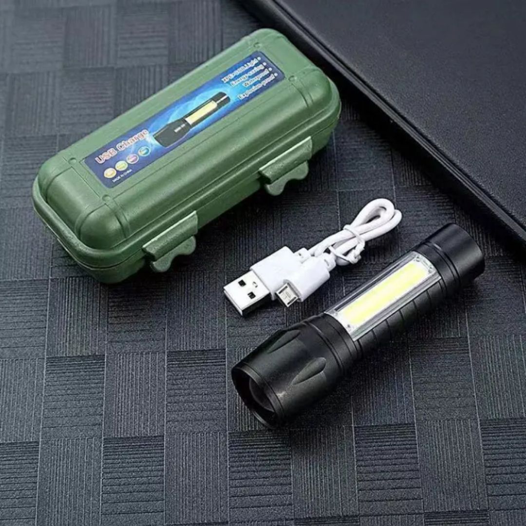 Mini Zoomable USB Rechargeable Pocket Flashlight COB LED Tactical Torch with Hard Case 2-in-1 Gift for Men Every Day Carry Spot Light Survival Kit Camping Powerful Charging Emergency Super Bright