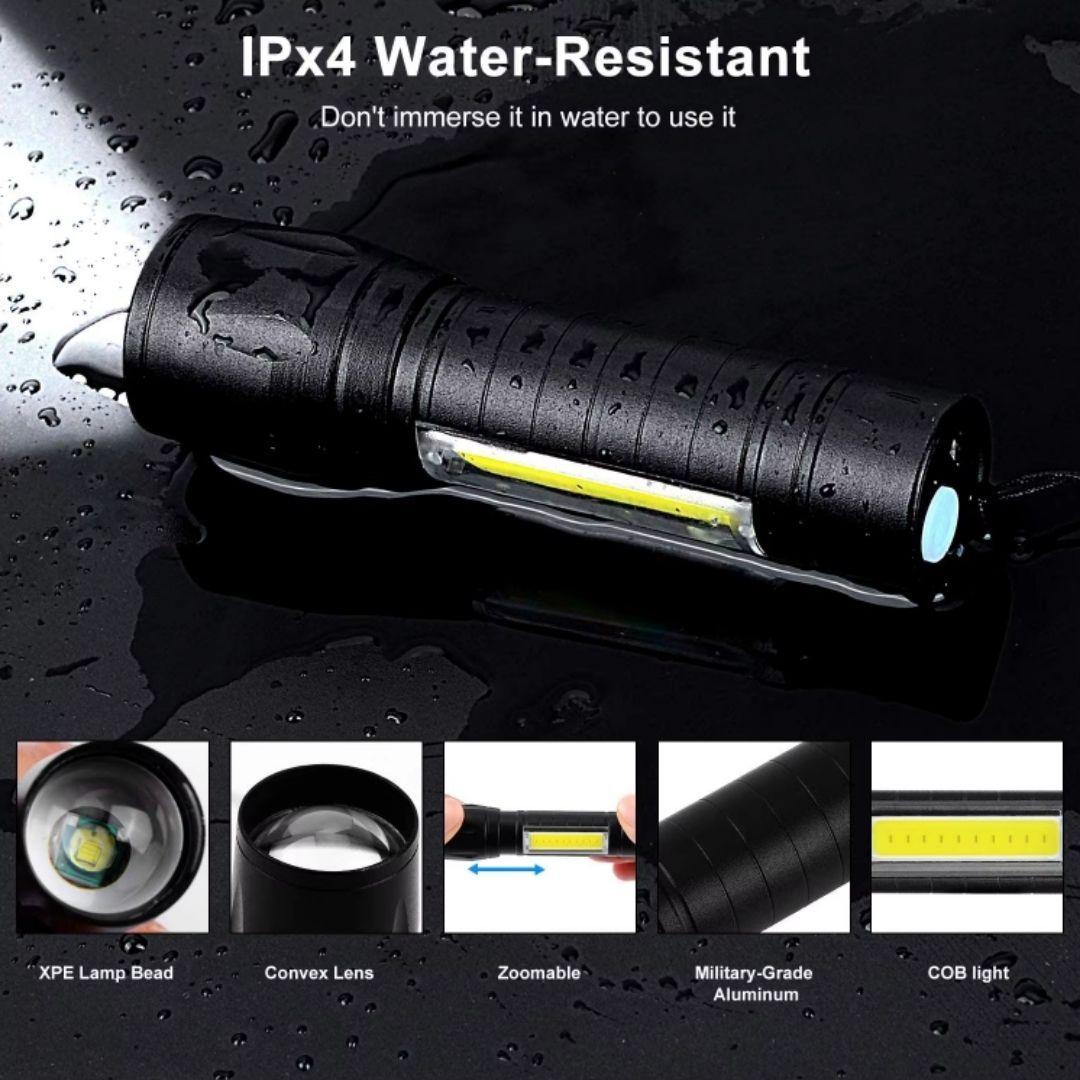 Mini Zoomable USB Rechargeable Pocket Flashlight COB LED Tactical Torch with Hard Case 2-in-1 Gift for Men Every Day Carry Spot Light Survival Kit Camping Powerful Charging Emergency Super Bright