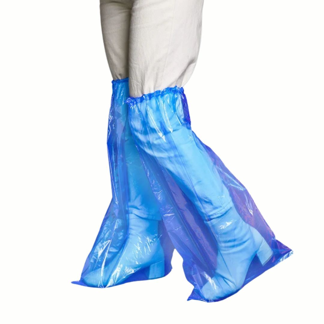 Heavy-Duty Anti-Slip Shoe Covers Waterproof PE Boot Protectors for Rain Mud Dust Proof Blue Knee-High Disposable Emergency Boots Universal Umbrella Coat Hospital Grade Nylon Plastic