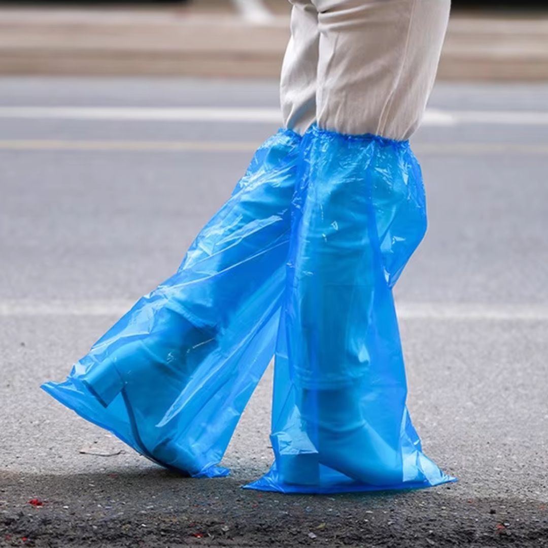 Heavy-Duty Anti-Slip Shoe Covers Waterproof PE Boot Protectors for Rain Mud Dust Proof Blue Knee-High Disposable Emergency Boots Universal Umbrella Coat Hospital Grade Nylon Plastic