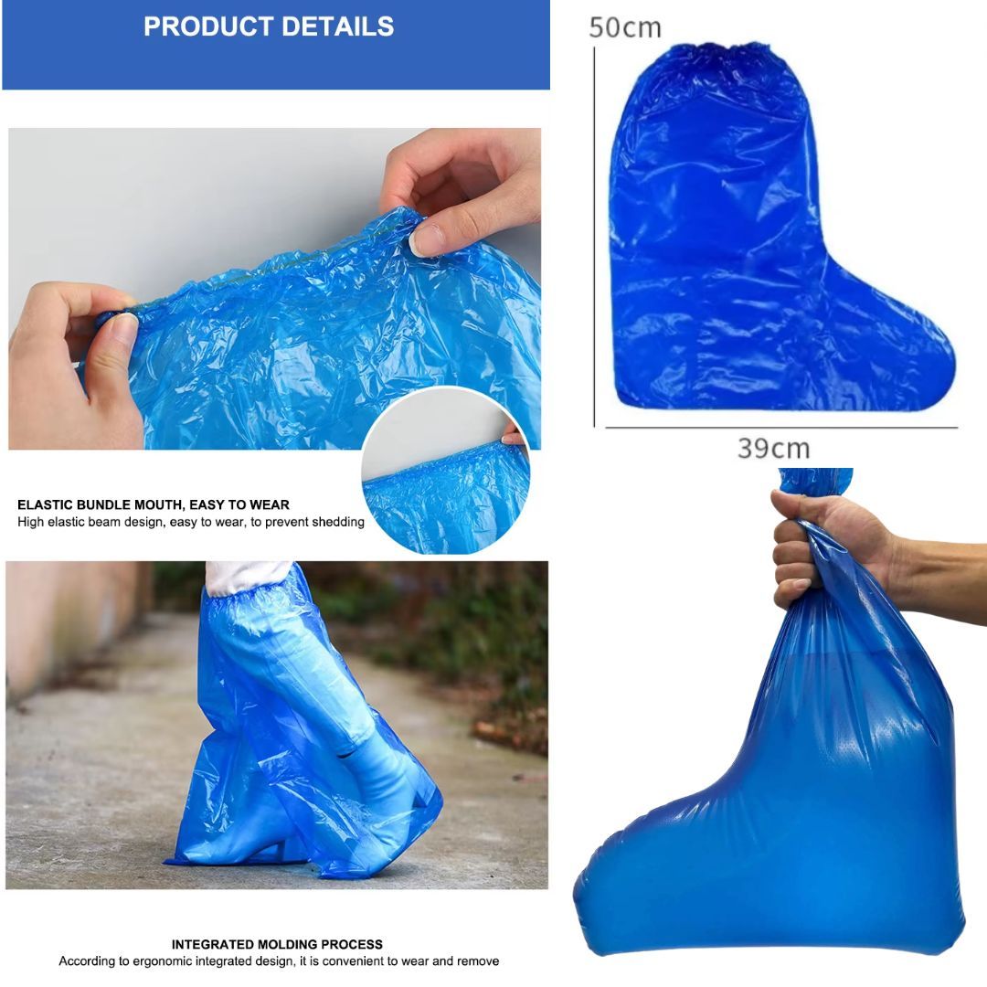 Heavy-Duty Anti-Slip Shoe Covers Waterproof PE Boot Protectors for Rain Mud Dust Proof Blue Knee-High Disposable Emergency Boots Universal Umbrella Coat Hospital Grade Nylon Plastic