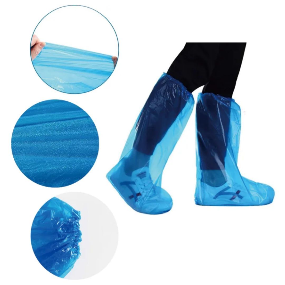 Heavy-Duty Anti-Slip Shoe Covers Waterproof PE Boot Protectors for Rain Mud Dust Proof Blue Knee-High Disposable Emergency Boots Universal Umbrella Coat Hospital Grade Nylon Plastic