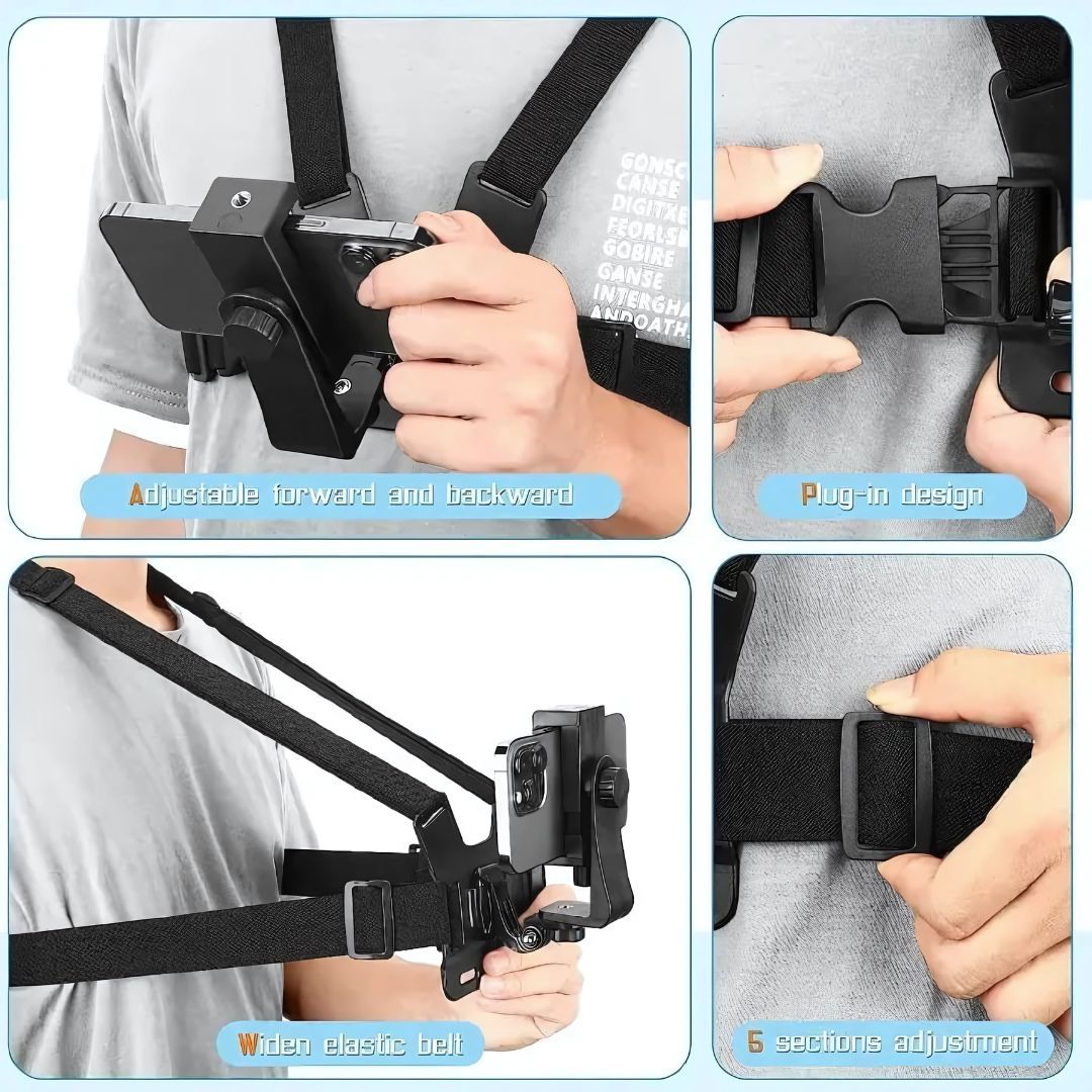 2 in 1 Chest Camera or Smart Phone Mount Harness Go Pro Action POV Vlogging Strap belt Gopro hero sport cam Mobile Adjustable Clip Holder Cell Bracket Video Vlog Bicycle Motorcycle Cycling Accessories