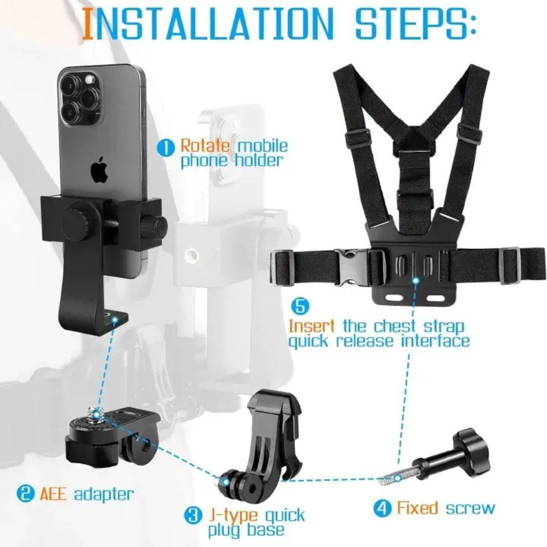 2 in 1 Chest Camera or Smart Phone Mount Harness Go Pro Action POV Vlogging Strap belt Gopro hero sport cam Mobile Adjustable Clip Holder Cell Bracket Video Vlog Bicycle Motorcycle Cycling Accessories