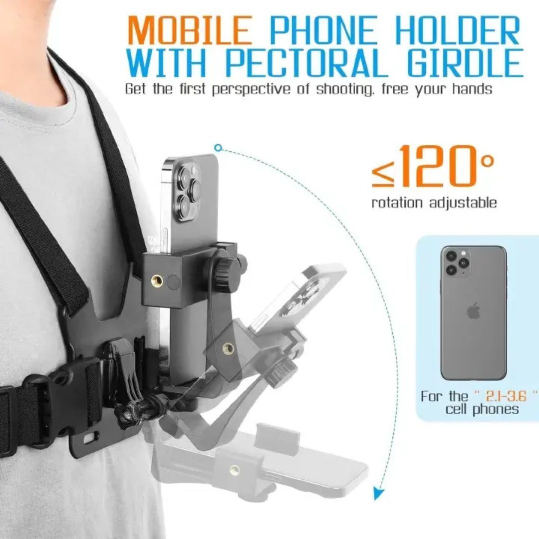 Chest Mount Harness for Action Camera & Smartphone Bike Motorbike Kit Hiking Skating Mount Go Pro Action POV Vlogging Strap belt Gopro hero sport cam Mobile Adjustable Clip Holder Cell Bracket Video