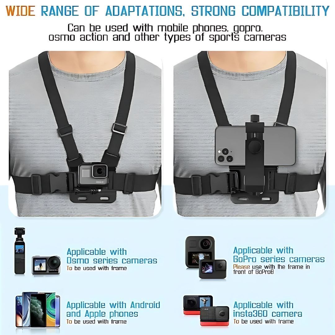 Chest Mount Harness for Action Camera & Smartphone Bike Motorbike Kit Hiking Skating Mount Go Pro Action POV Vlogging Strap belt Gopro hero sport cam Mobile Adjustable Clip Holder Cell Bracket Video