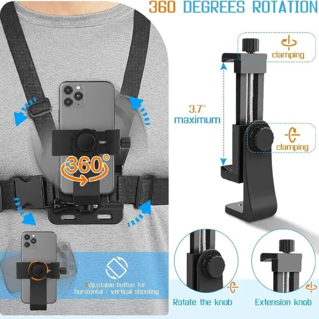 Chest Mount Harness for Action Camera & Smartphone Bike Motorbike Kit Hiking Skating Mount Go Pro Action POV Vlogging Strap belt Gopro hero sport cam Mobile Adjustable Clip Holder Cell Bracket Video