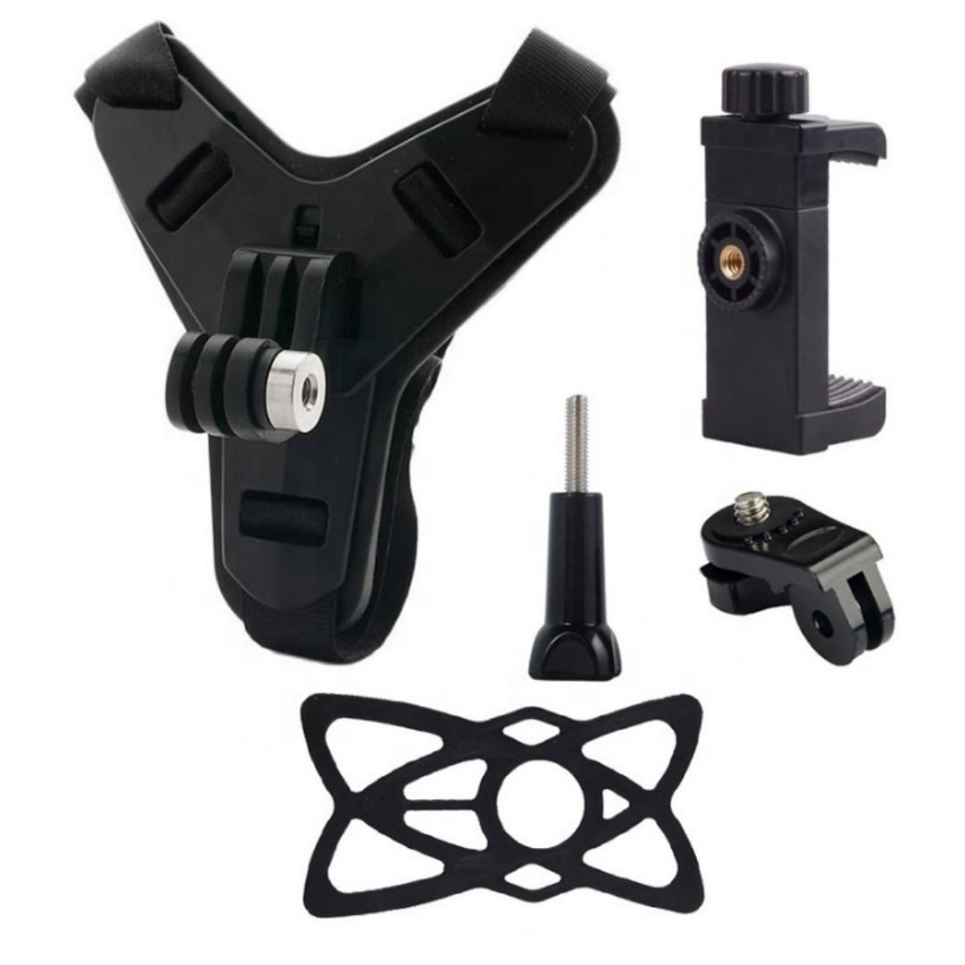 2 in 1 Helmet Mount Bracket for Smart Phone or Action Camera Go Pro Holder Motorcycle Motorbike Accessory Recorder Fix Strap Full Face Chin Hero POV Vlogging ATV Dirt Bike Clip Video Recording Adapter