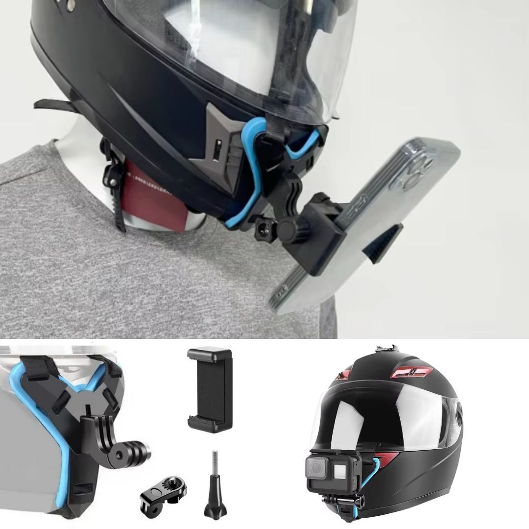 2 in 1 Helmet Mount Bracket for Smart Phone or Action Camera Go Pro Holder Motorcycle Motorbike Accessory Recorder Fix Strap Full Face Chin Hero POV Vlogging ATV Dirt Bike Clip Video Recording Adapter
