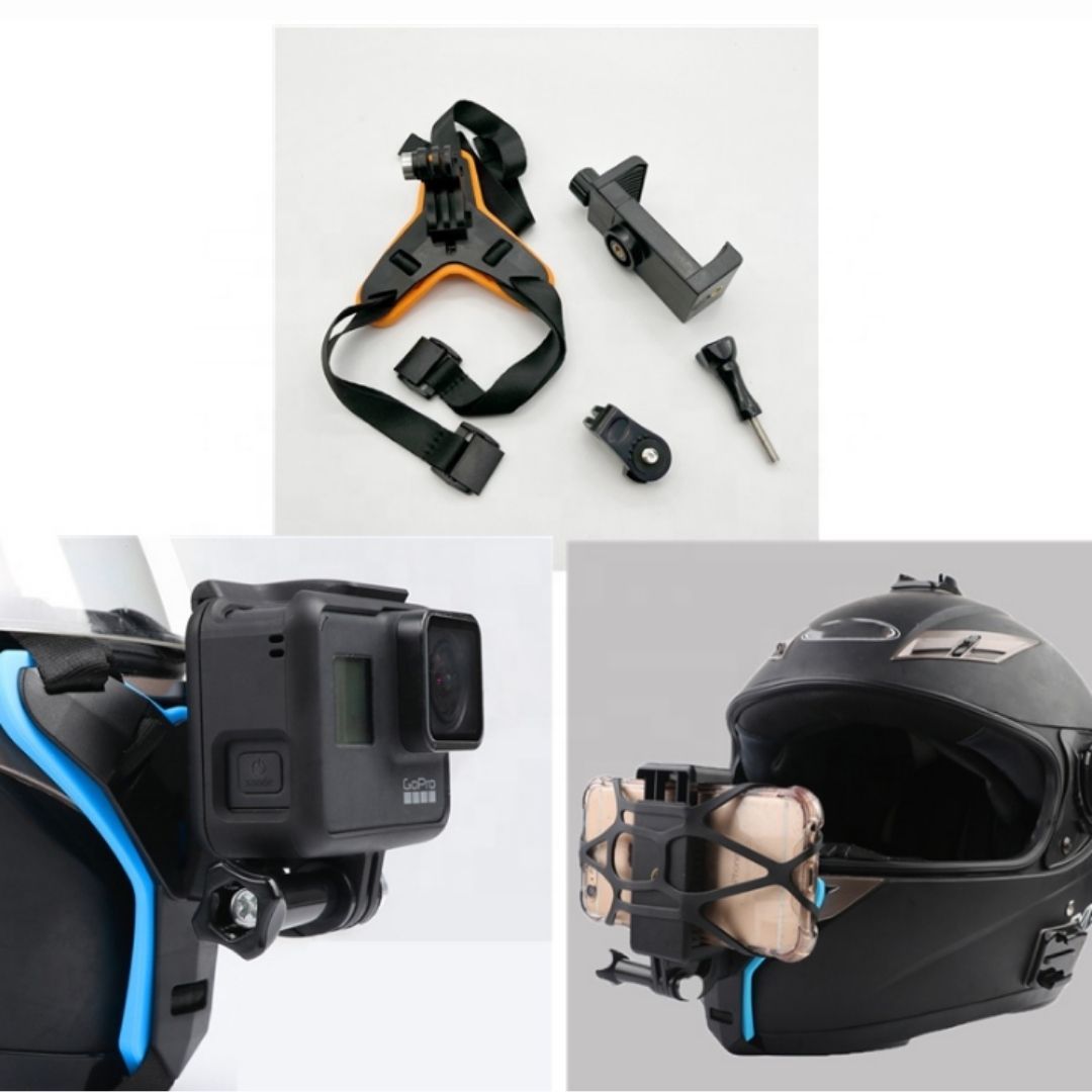 2 in 1 Helmet Mount Bracket for Smart Phone or Action Camera Go Pro Holder Motorcycle Motorbike Accessory Recorder Fix Strap Full Face Chin Hero POV Vlogging ATV Dirt Bike Clip Video Recording Adapter