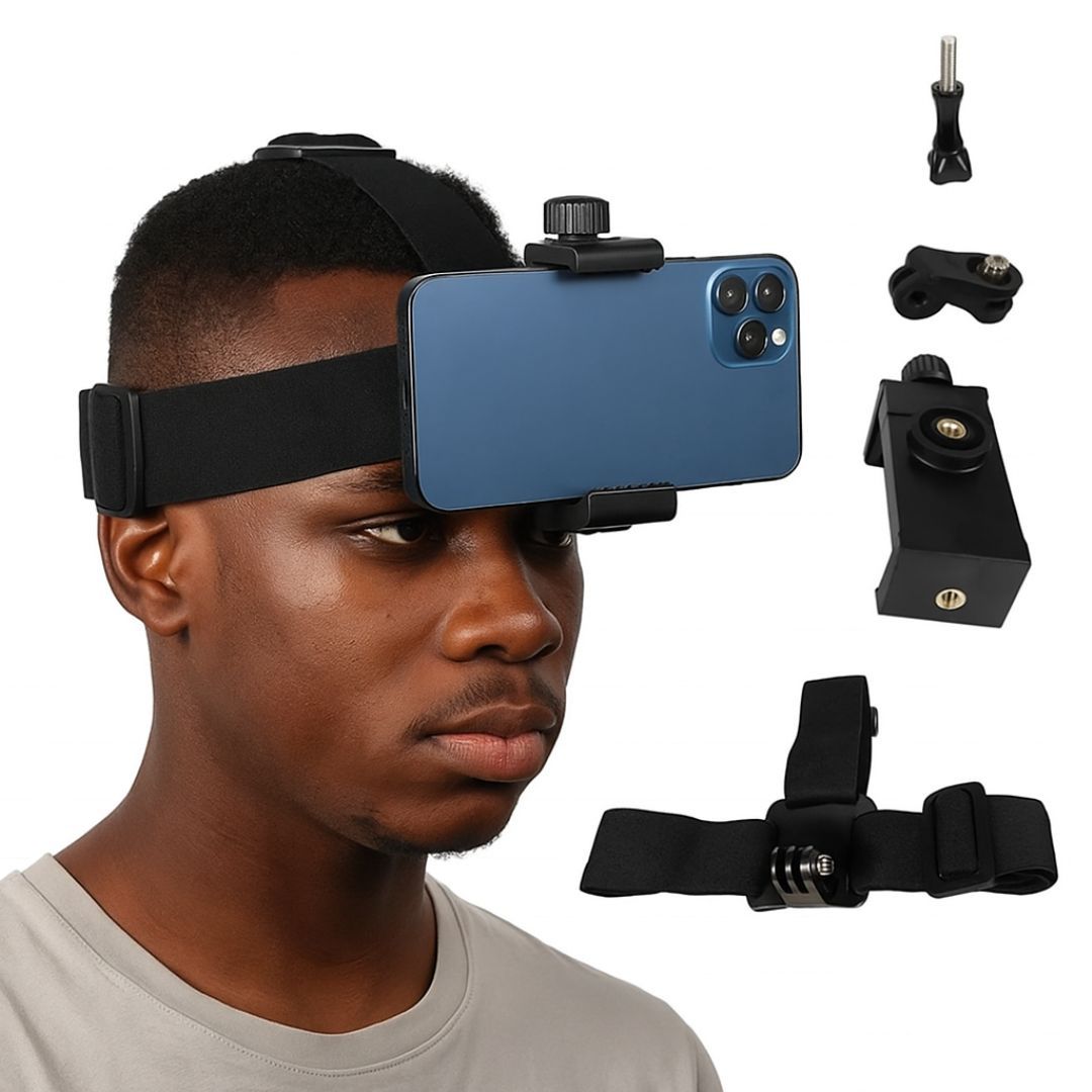 2 in 1 Adjustable Head Strap Mount for Smart Phone or Action Camera Go Pro POV Vlogging Video Shoot Film Making Accessories Sport Cycling Skating Driving Mobile Streaming Hiking Headband Stand