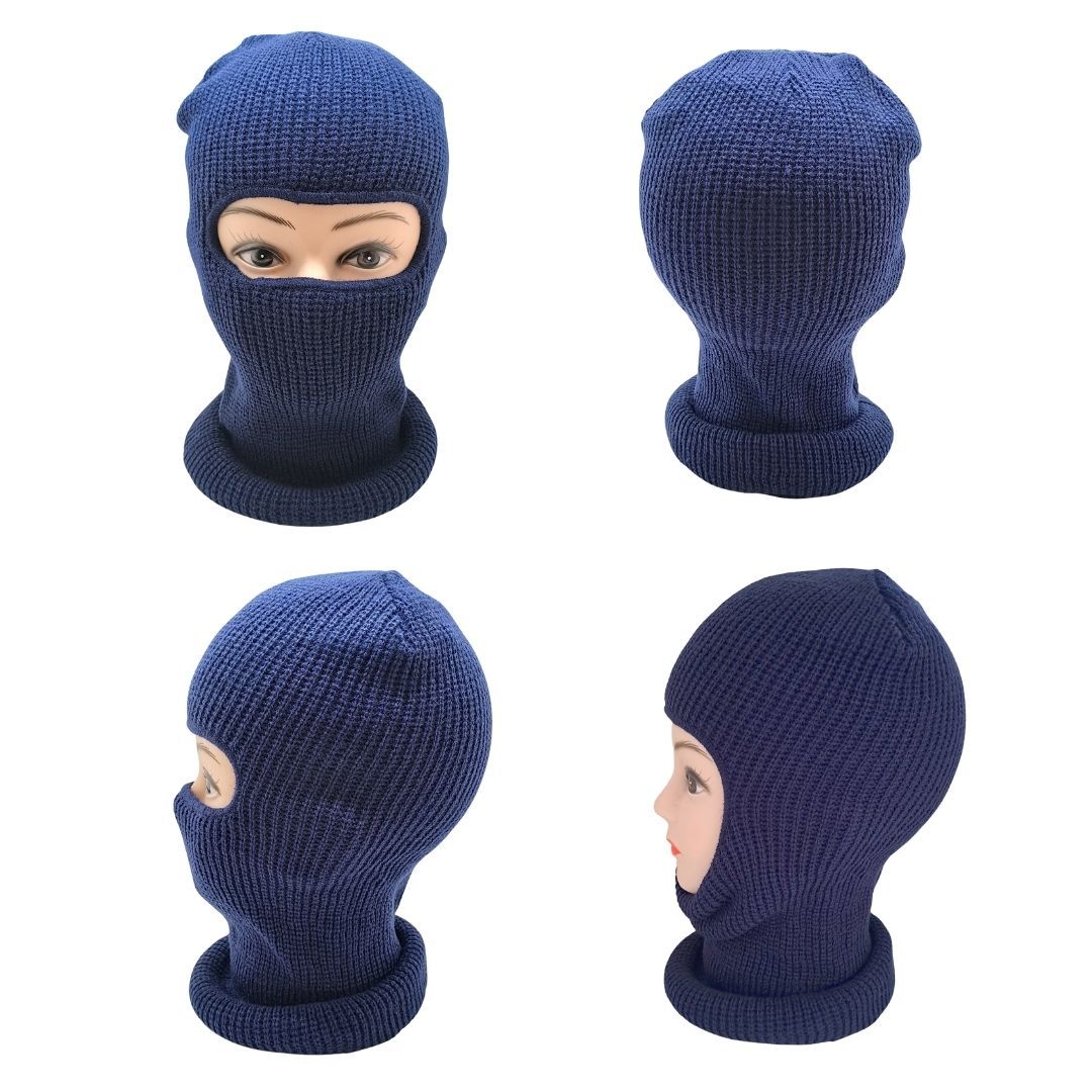 Extreme Cold Weather Winter Knitted Thermal Balaclava One Hole Warm Full Face Ski Mask & Neck Warmer FM 11 Thick Embroidered Sweater Scarf Coldproof Military Uniform Knit Elastic BLUE DARK NAVY