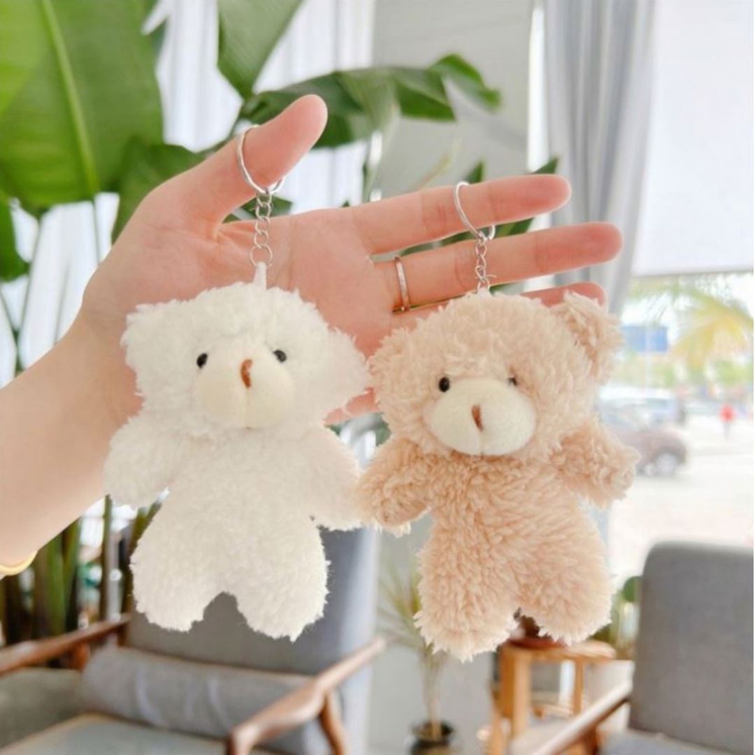 Cute Plush Teddy Bear Keychain 3D Soft Stuffed Animal Key Ring for Bag, Backpack & Car (Gift for Women Ladies Girls Kids) Pom Fur Ball Tiny Keyholder Keyring Toy Décor Pendant White Brown Daughter