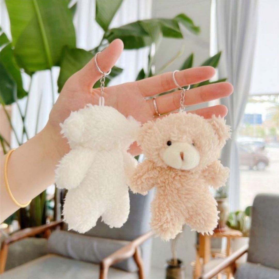 Cute Plush Teddy Bear Keychain 3D Soft Stuffed Animal Key Ring for Bag, Backpack & Car (Gift for Women Ladies Girls Kids) Pom Fur Ball Tiny Keyholder Keyring Toy Décor Pendant White Brown Daughter
