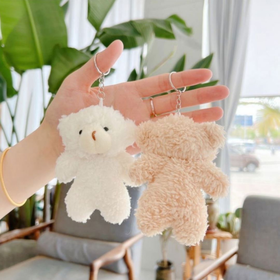 Cute Plush Teddy Bear Keychain 3D Soft Stuffed Animal Key Ring for Bag, Backpack & Car (Gift for Women Ladies Girls Kids) Pom Fur Ball Tiny Keyholder Keyring Toy Décor Pendant White Brown Daughter