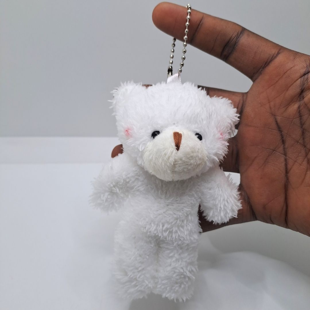 Plush 3D Teddy Bear Mini Keychain WHITE Soft Round Zippered Coin Purse & Bag Pendant for Girls Ladies Girlfriend Sister Wife Mother Friend and Women Gift Handbag Toy Bouquet Wedding Birthday Baby