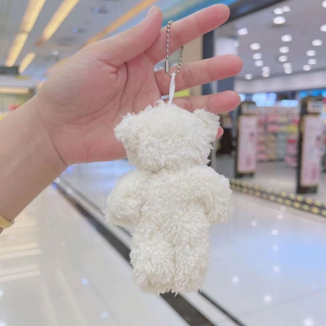 Plush 3D Teddy Bear Mini Keychain WHITE Soft Round Zippered Coin Purse & Bag Pendant for Girls Ladies Girlfriend Sister Wife Mother Friend and Women Gift Handbag Toy Bouquet Wedding Birthday Baby
