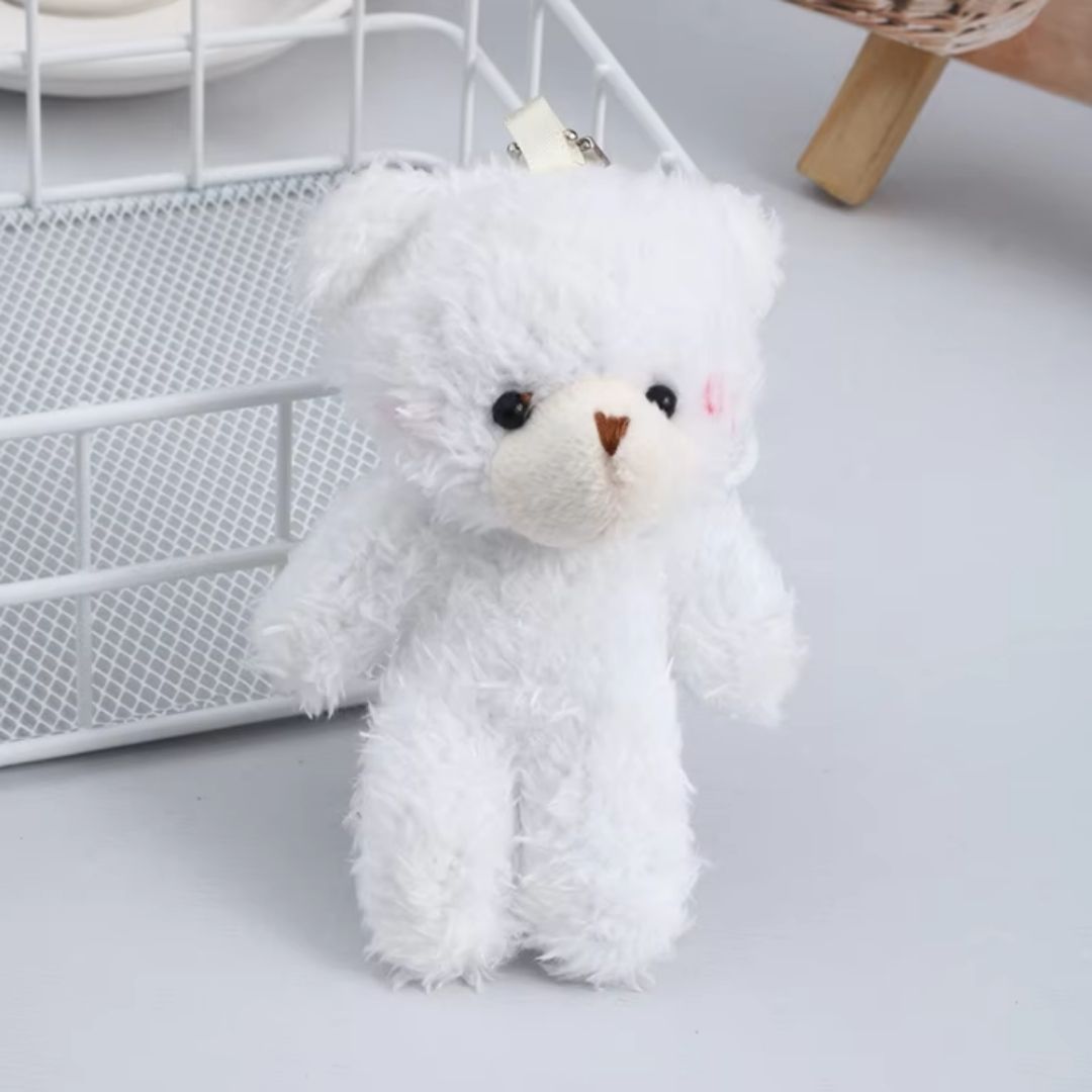 Cute 3D Teddy Bear Plush Keychain WHITE Mini Stuffed Animal Bag Charm Gift Christmas Valentines Day Wedding Anniversary New Year Happy Birthday Graduation Key Chain Holder Ring Girlfriend Date Women
