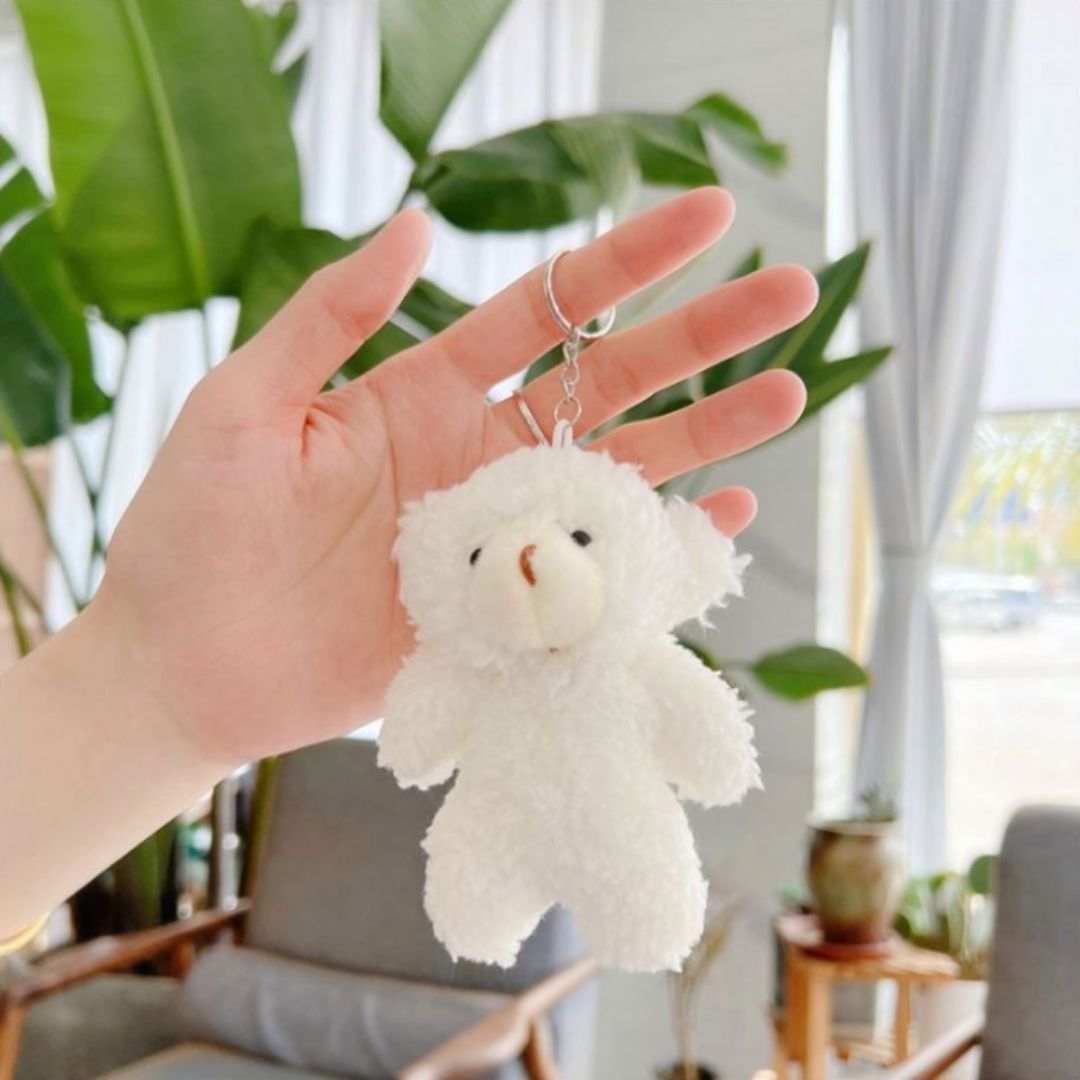 Cute 3D Teddy Bear Plush Keychain WHITE Mini Stuffed Animal Bag Charm Gift Christmas Valentines Day Wedding Anniversary New Year Happy Birthday Graduation Key Chain Holder Ring Girlfriend Date Women