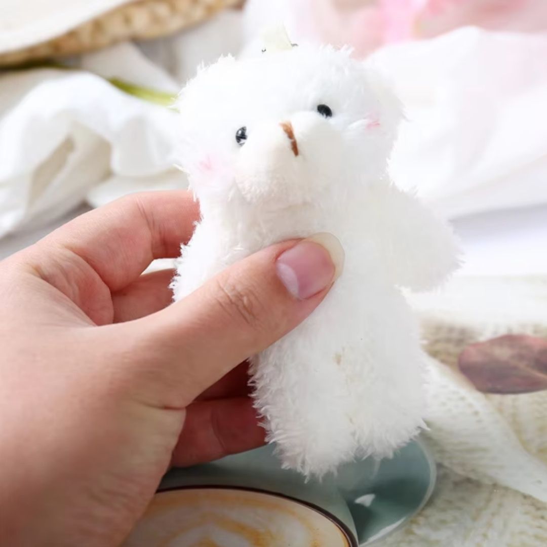 Fluffy 3D Teddy Bear Plush Keychain WHITE Soft Mini Stuffed Toy Bag Pendant & Car Charm Gift for Women Girls Ladies Sister Daughter Kids Pom Pom Fur Ball Keyholder Keyring Backpack Cartoon Decoration