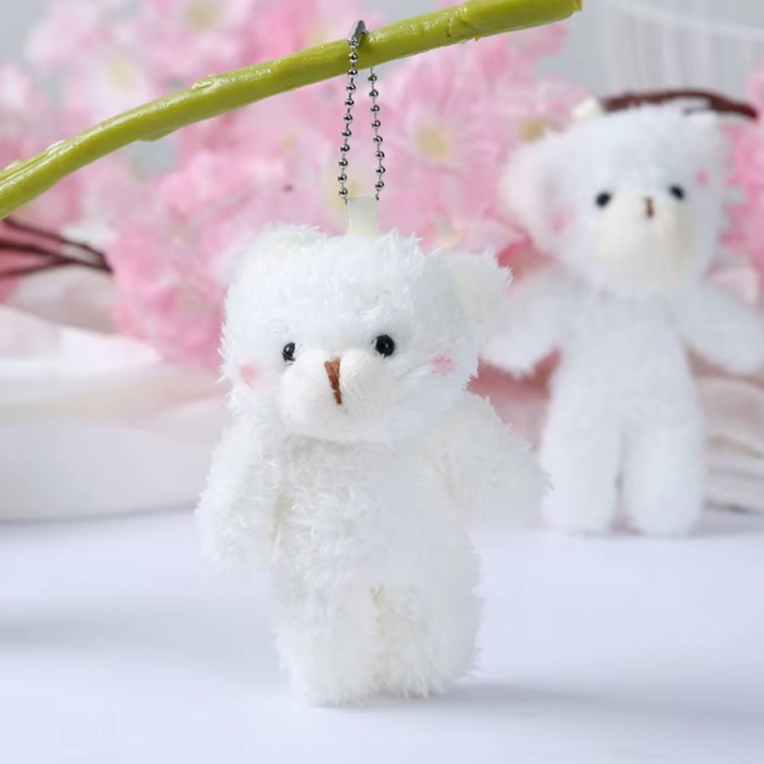 Fluffy 3D Teddy Bear Plush Keychain WHITE Soft Mini Stuffed Toy Bag Pendant & Car Charm Gift for Women Girls Ladies Sister Daughter Kids Pom Pom Fur Ball Keyholder Keyring Backpack Cartoon Decoration