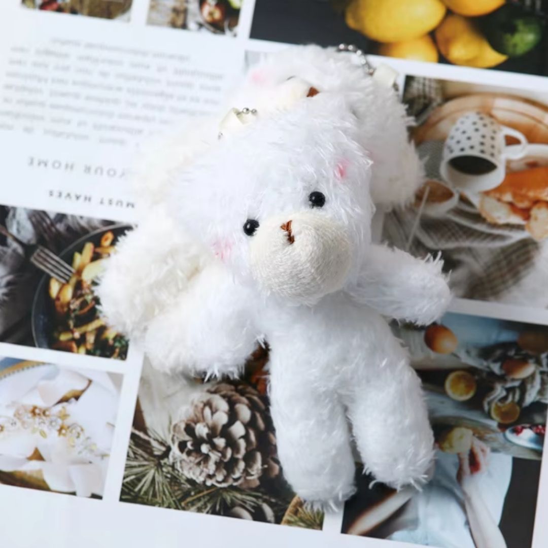 Fluffy 3D Teddy Bear Plush Keychain WHITE Soft Mini Stuffed Toy Bag Pendant & Car Charm Gift for Women Girls Ladies Sister Daughter Kids Pom Pom Fur Ball Keyholder Keyring Backpack Cartoon Decoration