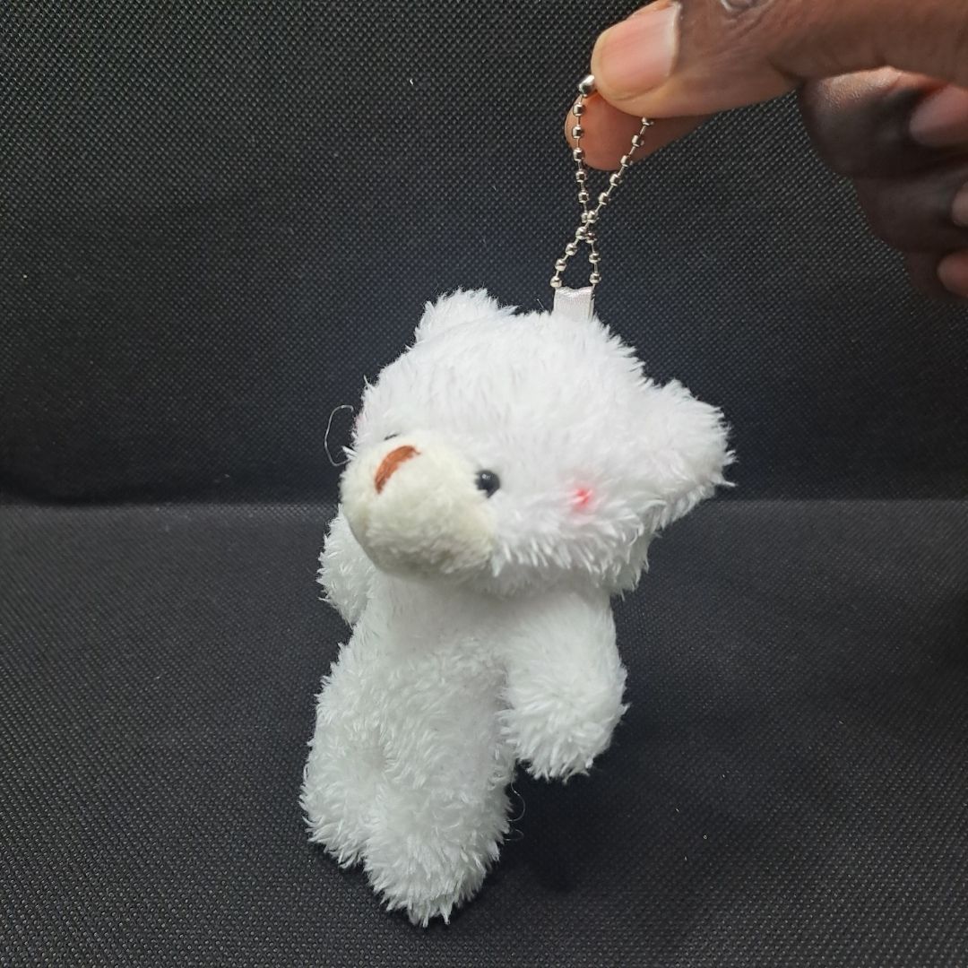 Fluffy 3D Teddy Bear Plush Keychain WHITE Soft Mini Stuffed Toy Bag Pendant & Car Charm Gift for Women Girls Ladies Sister Daughter Kids Pom Pom Fur Ball Keyholder Keyring Backpack Cartoon Decoration