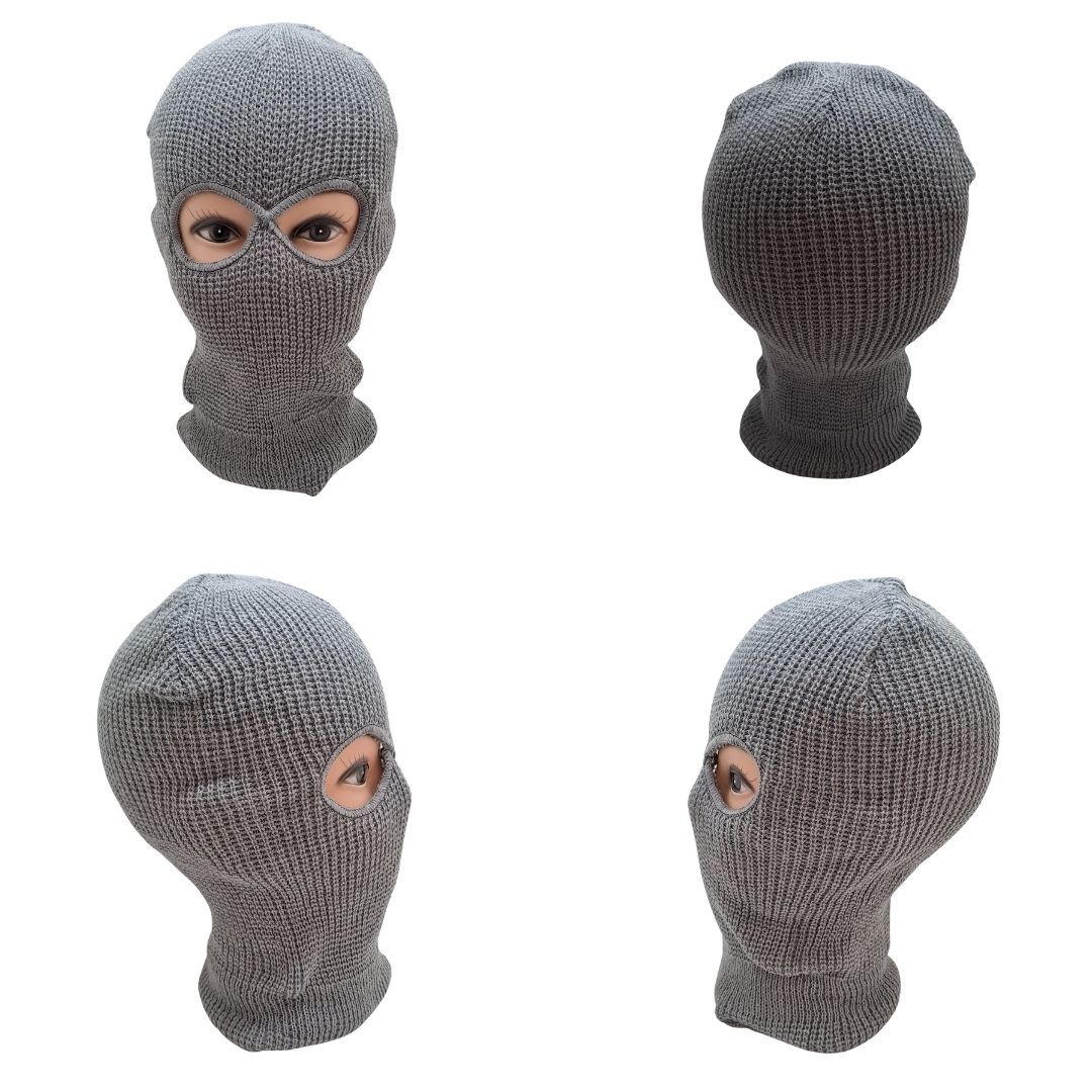 Two Hole Knitted Balaclava GREY Full Face Ski Mask for Motorcycle, Camping, Hiking, Winter Sports & Tactical Use (Windproof, Thermal) FM-12 Cold Weather Sunproof Smokeproof Dustproof Coldproof GRAY