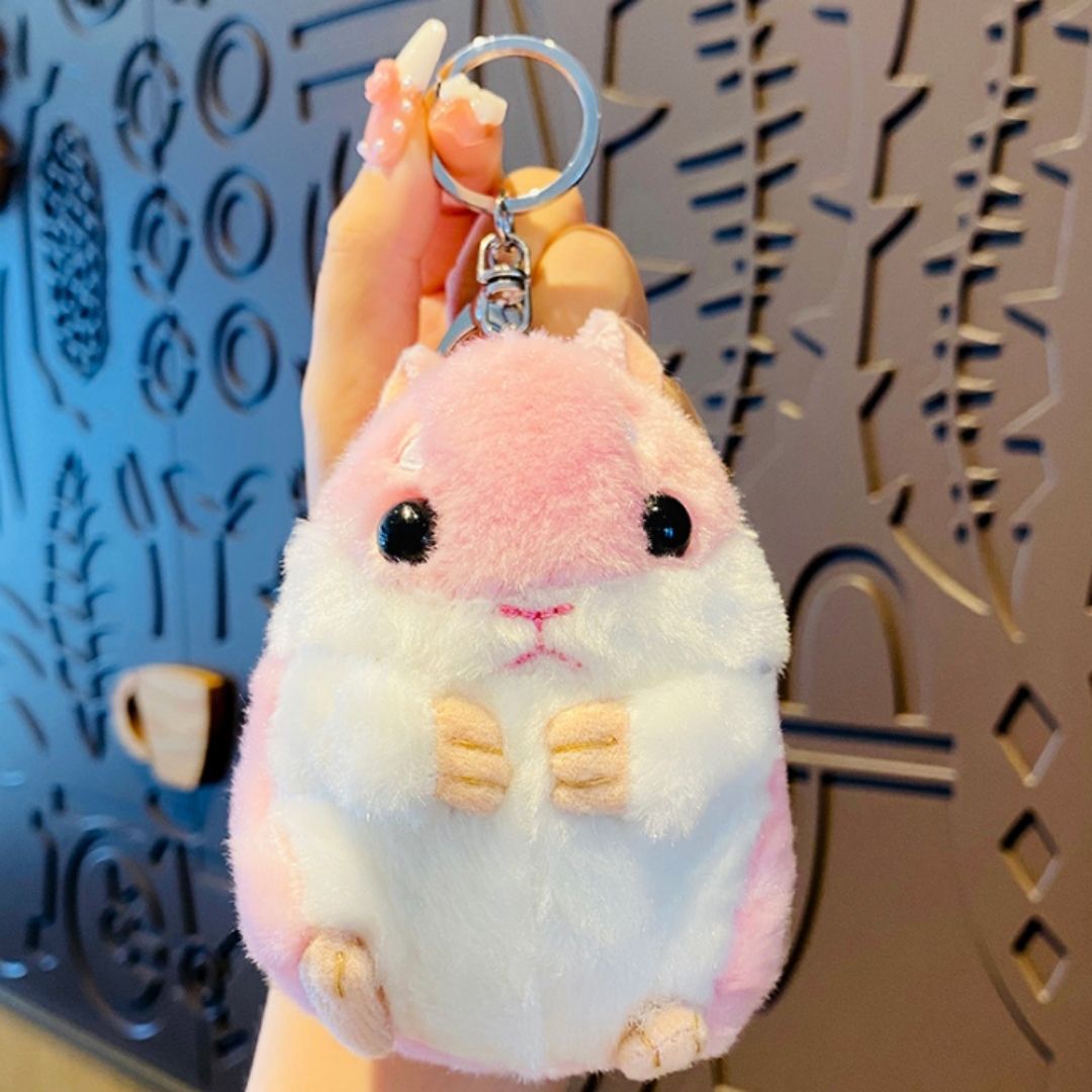 Plush Hamster 3D Keychain PINK Soft Mini Fluffy Animal Bag Charm & Car Pendant for Women, Girls & Kids Keyholder Keyring Toy Doll Gift for Christmas Valentines Day Pig PomPom Fur Ball Kawaii Birthday