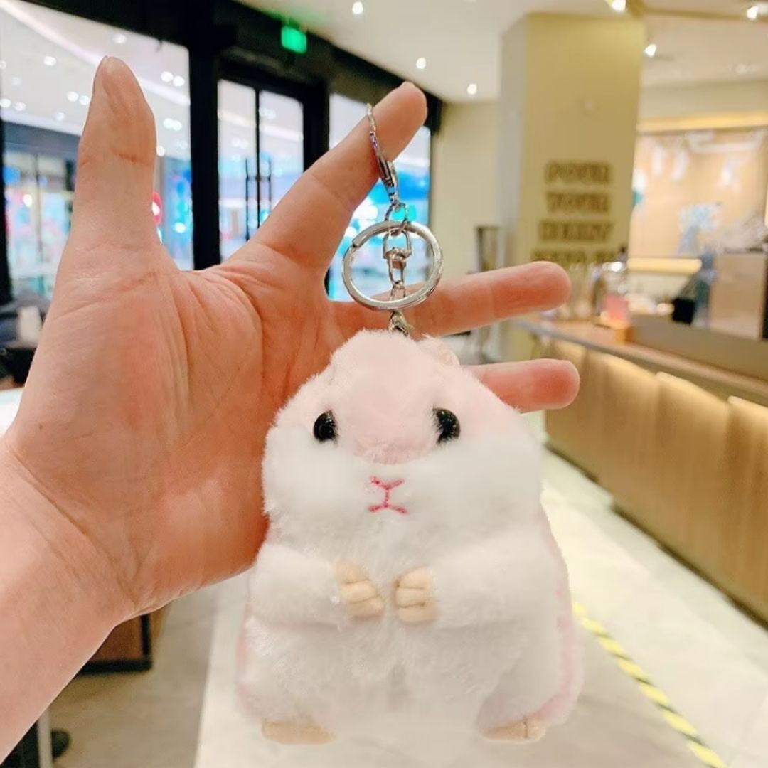Plush Hamster 3D Keychain PINK Soft Mini Fluffy Animal Bag Charm & Car Pendant for Women, Girls & Kids Keyholder Keyring Toy Doll Gift for Christmas Valentines Day Pig PomPom Fur Ball Kawaii Birthday