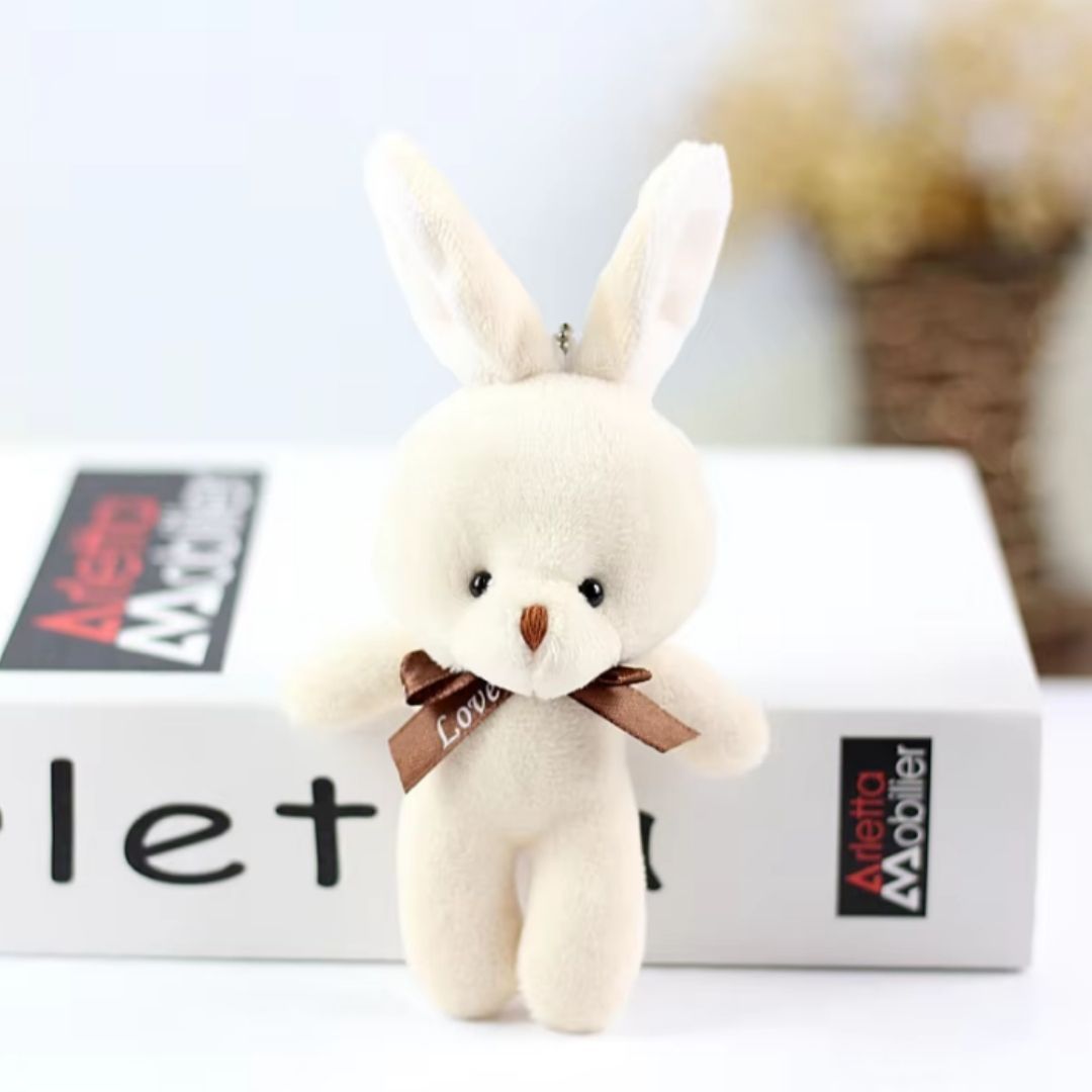 Cute Rabbit Bunny Plush Keychain CREAM 3D Stuffed Animal Bag Charm Gift Key Holder Ring Teddy Bear Car Handbag Pendant Tree Backpack VANILLA Dating Date Soft New Year Wife Girlfriend Sister WHITE
