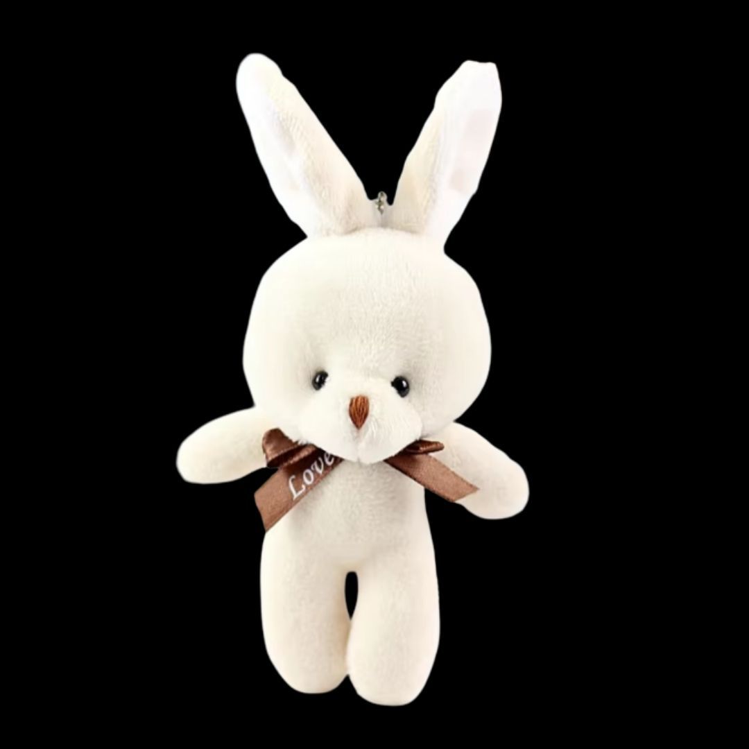 Plush 3D Rabbit Bunny Keychain Cute Keyring for Bags Gifts Keyholder Teddy Bear Love Bowtie Unique Christmas Valentines Day Anniversary Birthday Wife Girlfriend Sister Cream White Vanilla Soft Mini