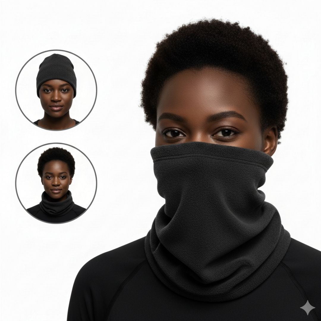 Warm Winter Neck Gaiter HM-3 Polar Fleece Half Mask with Adjustable Drawstring – Windproof, Dustproof, Motorcycle & Outdoor Cold Weather Face Cover Black Ski Bandana Tube Scarf Hiking Military Camping