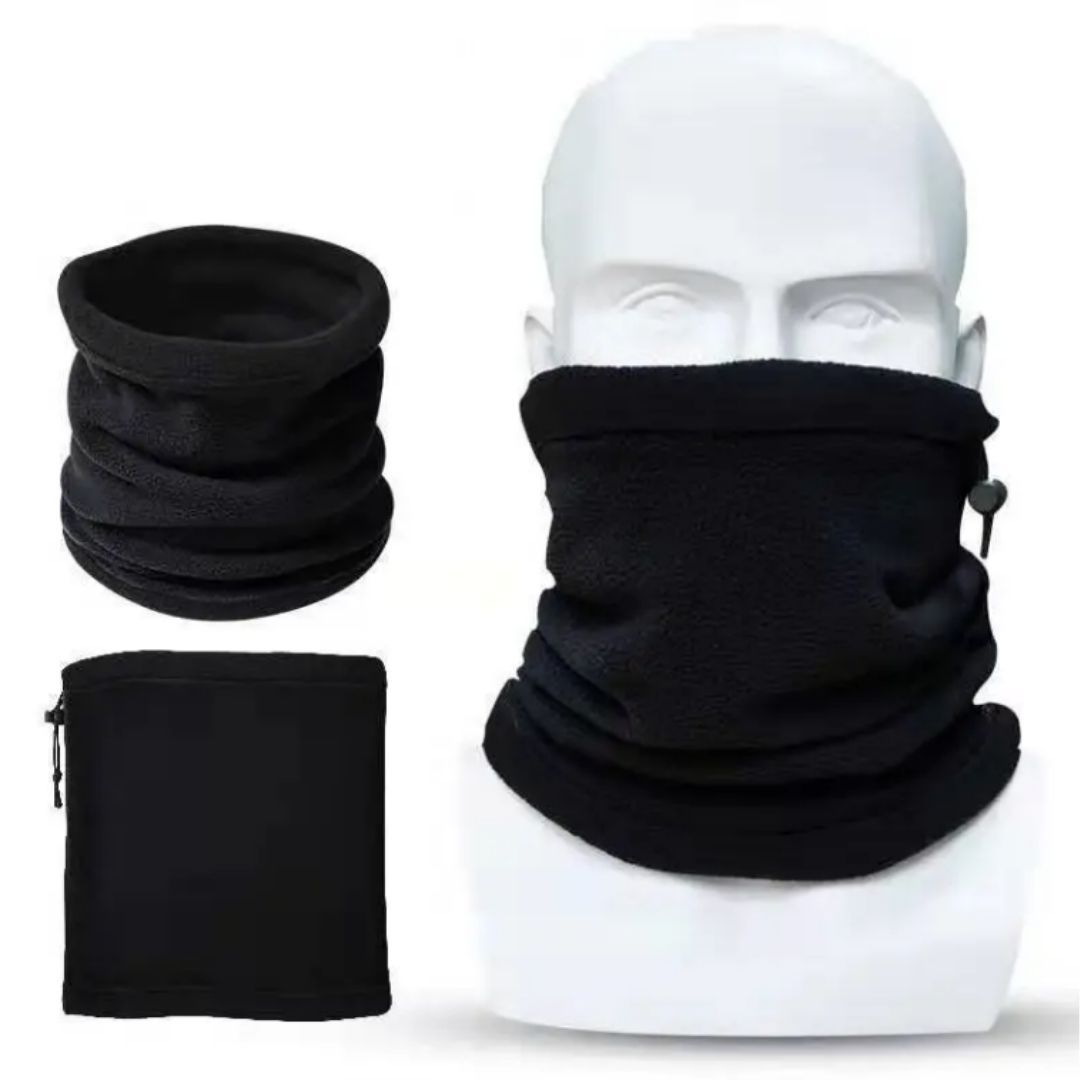 Warm Winter Neck Gaiter HM-3 Polar Fleece Half Mask with Adjustable Drawstring – Windproof, Dustproof, Motorcycle & Outdoor Cold Weather Face Cover Black Ski Bandana Tube Scarf Hiking Military Camping