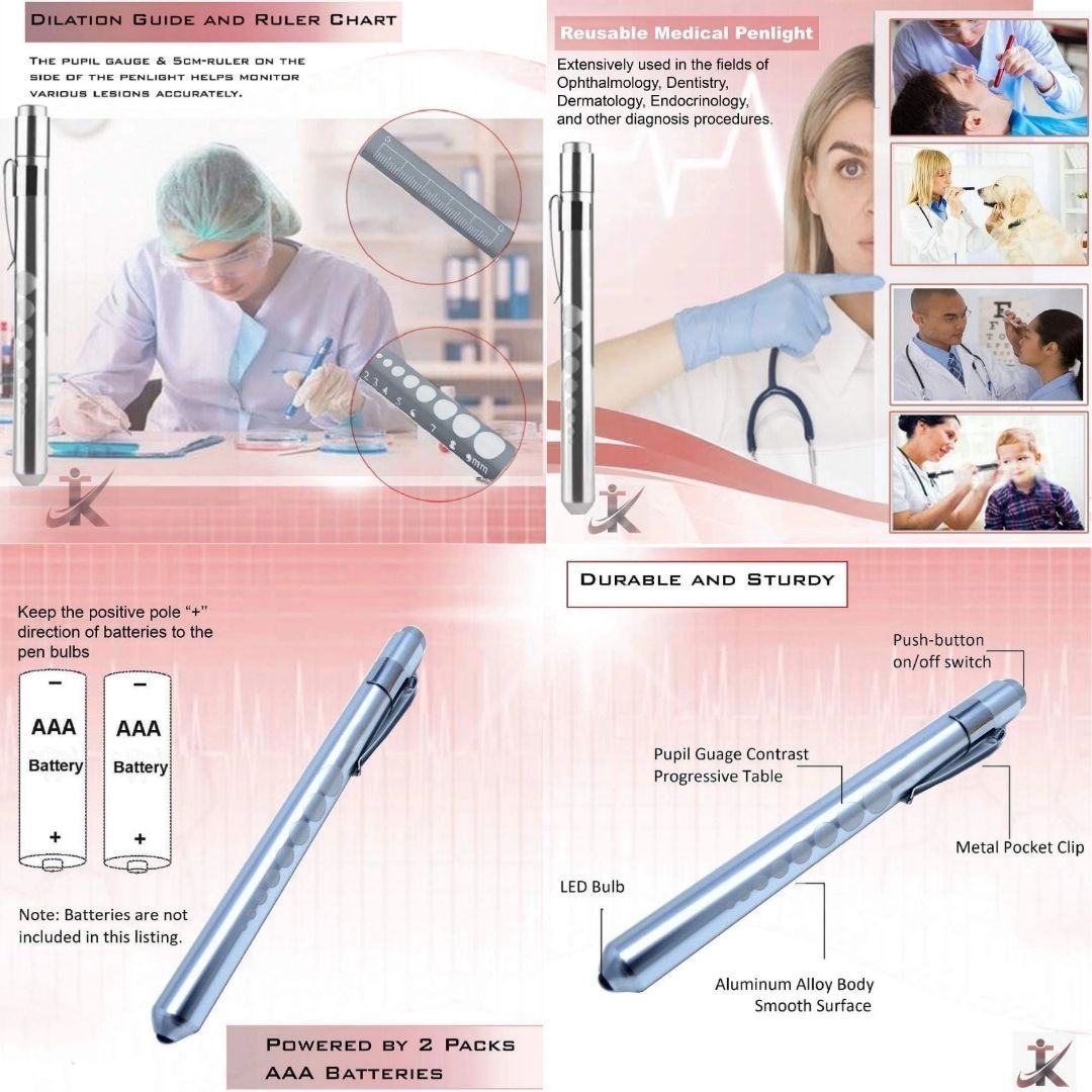 Medical Pen Torch With Pupil Gauge Aluminum Alloy Nurse Doctor Diagnostic Flashlight With Free AAA Batteries Included Waterproof IP65 LED White Light Dental Healthcare Interns First Aid Metallic