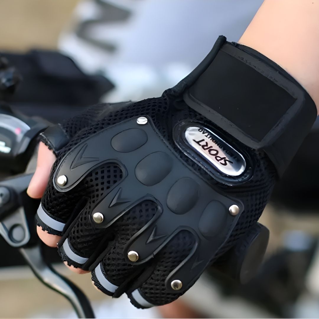 Breathable BLACK Half Finger Sport Gloves with Reflective Strips - Wear-Resistant Non-Slip Cycling & Motorbike Gloves Unisex HG-1 Bike Riding Racing Light Summer Bicycle Gear Mesh Design Tactical